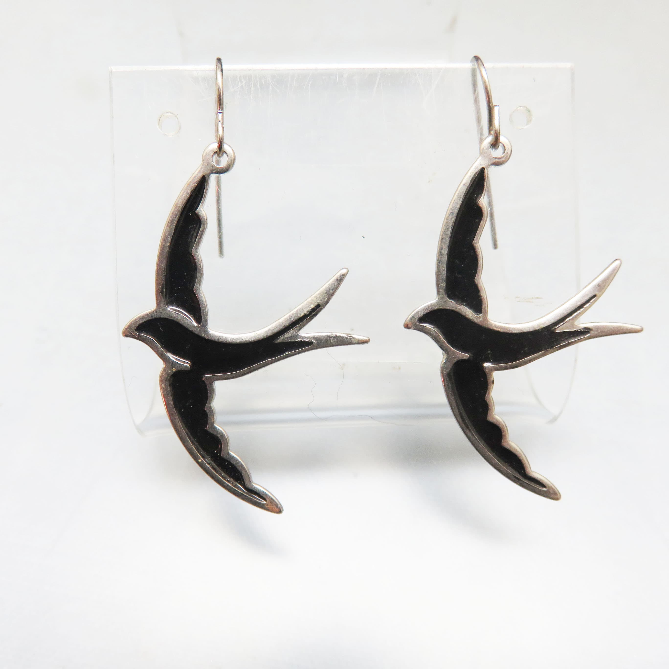 Black Enamel Swallow Earrings – Double-Sided Silvertone Flying Bird Dangles – Tattoo Style French Hooks