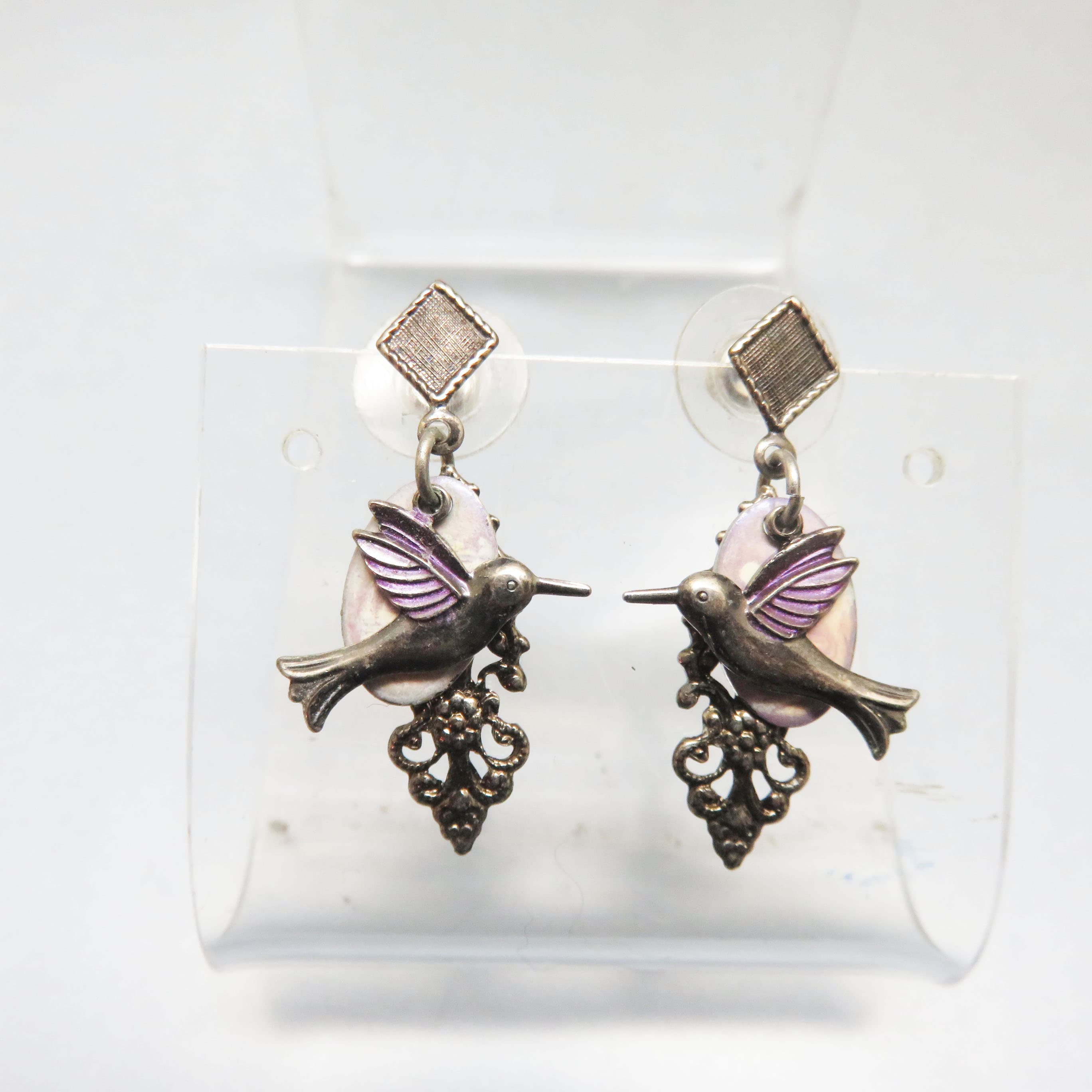 Lilac Hummingbird Earrings – Layered Silvertone Bird Dangles – Enamel Filigree Post Earrings