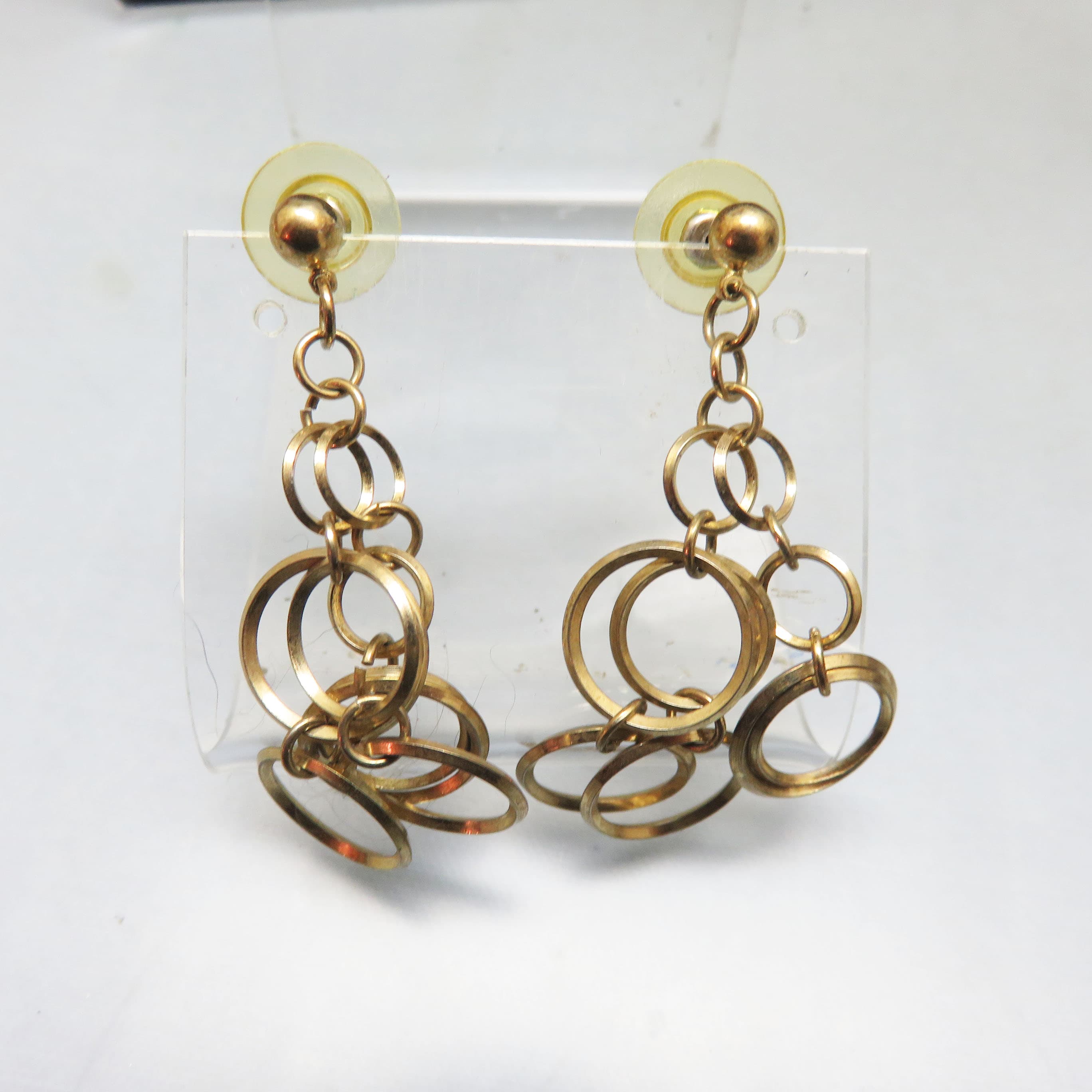 Vintage Goldtone Ring Cluster Earrings – Kinetic Industrial Chain Dangles – Post Style