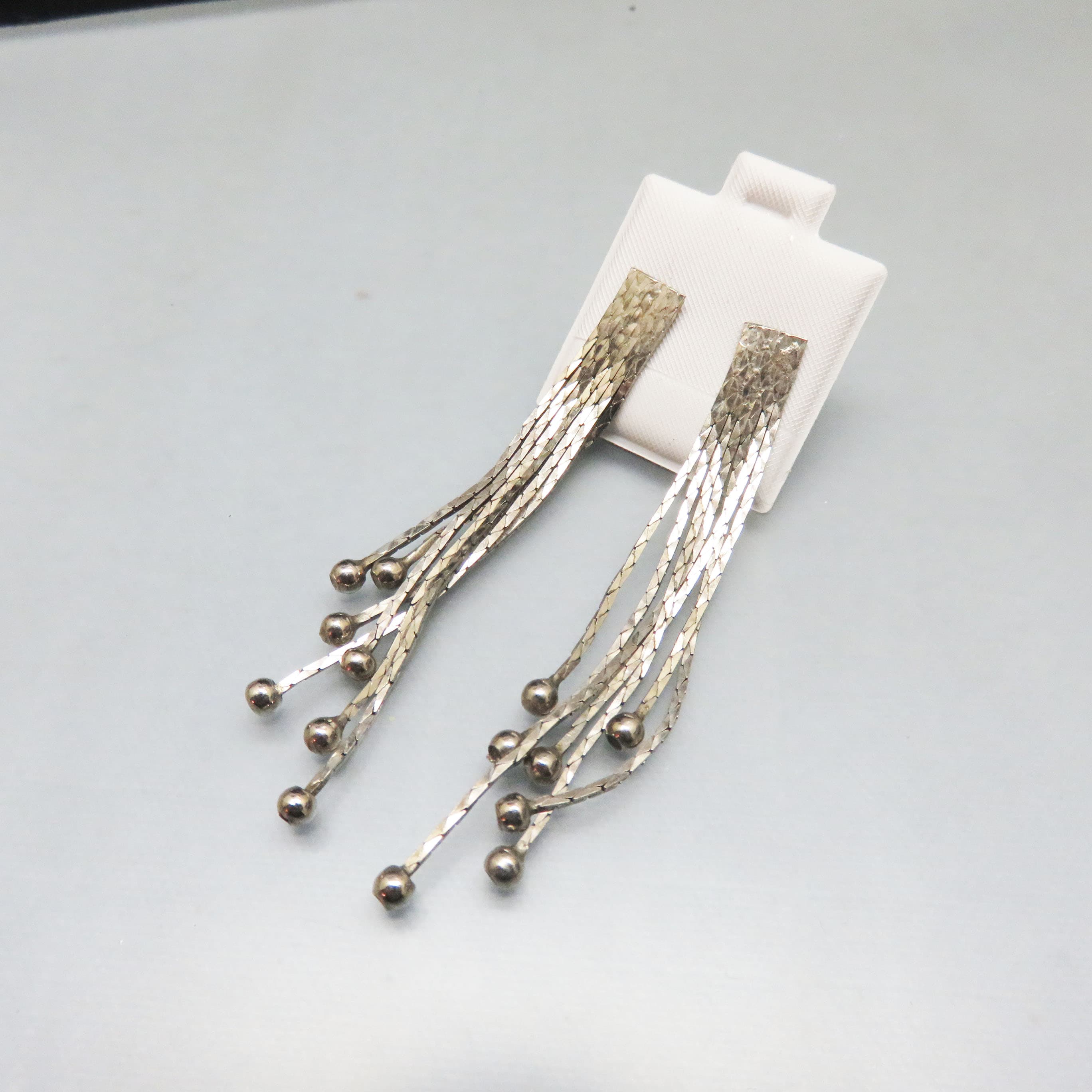 Vintage Silvertone Fringe Earrings – Industrial Metal Strand Tassels – Long Kinetic Post Dangles