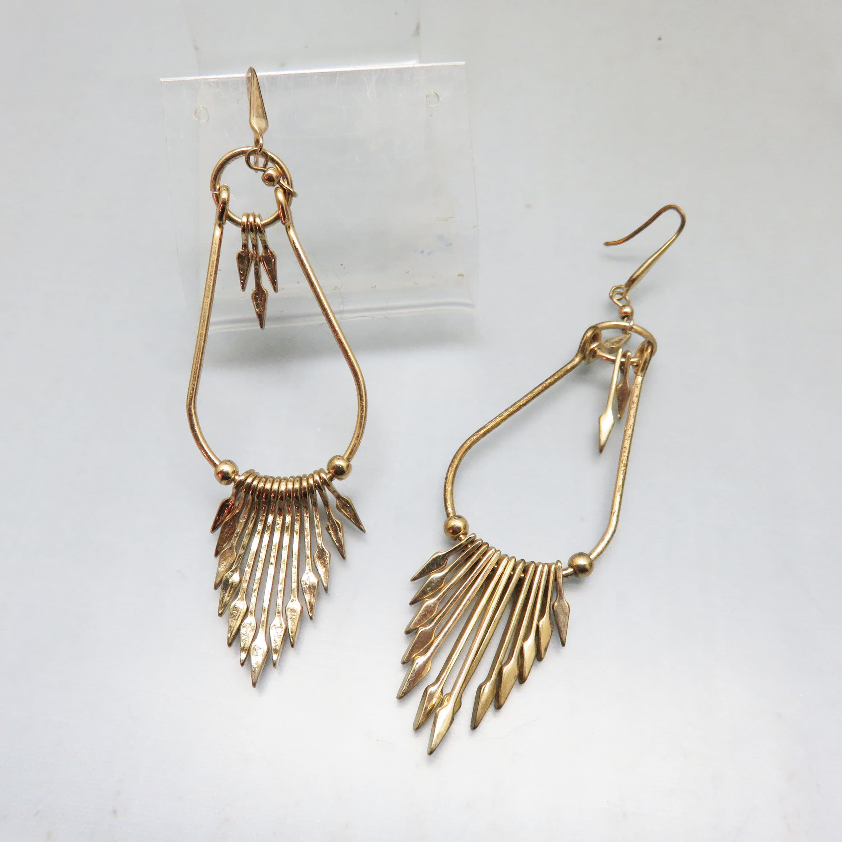 Extra Long Goldtone Paddle Earrings – Kinetic Spear Fringe Statement Dangles – Bohemian French Hooks