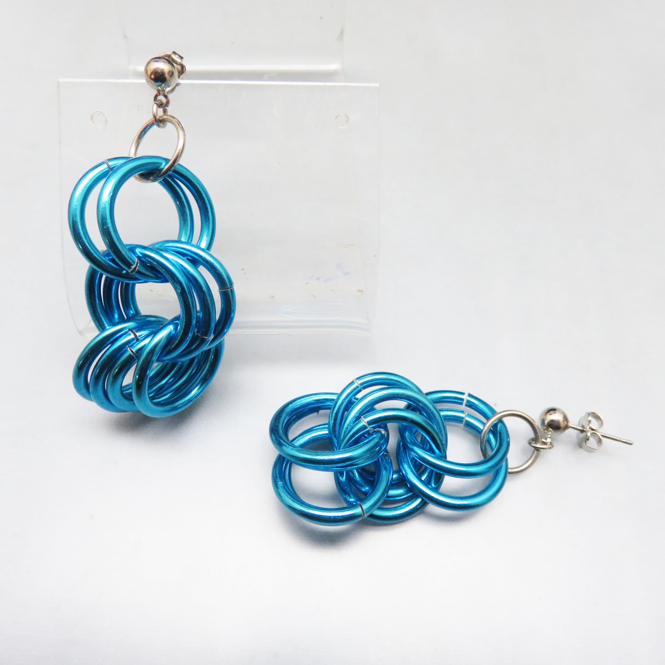 Dark Aqua Chain Maille Earrings – Lightweight Aluminum Ring Dangles – Industrial Post Earrings