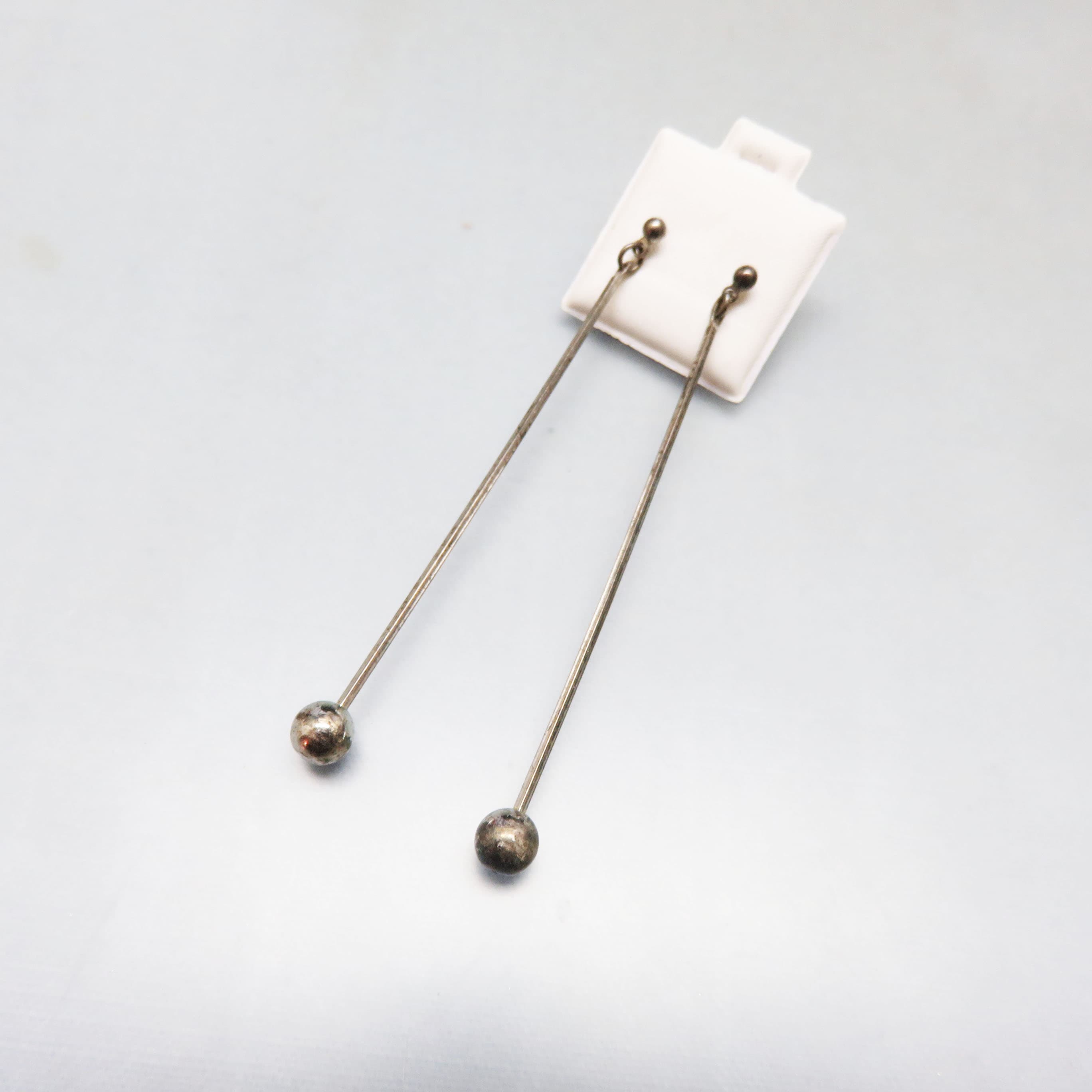 Vintage Silverplated Bar Earrings – Extra Long Minimalist Ball Dangles – Linear Post Earrings