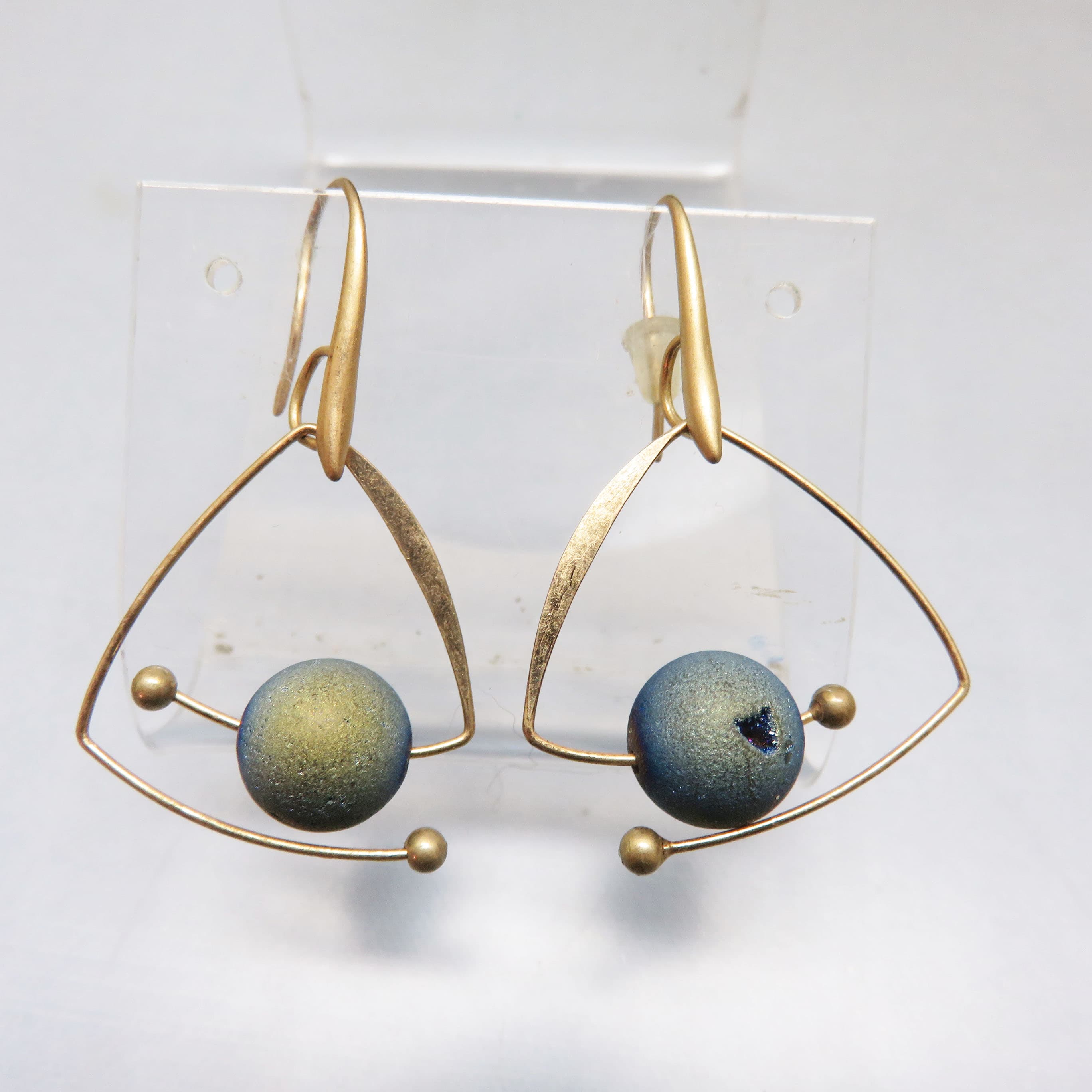 Iridescent Glass Bead Earrings – Rotating Orb Goldtone Dangles – Atomic Modernist French Hooks