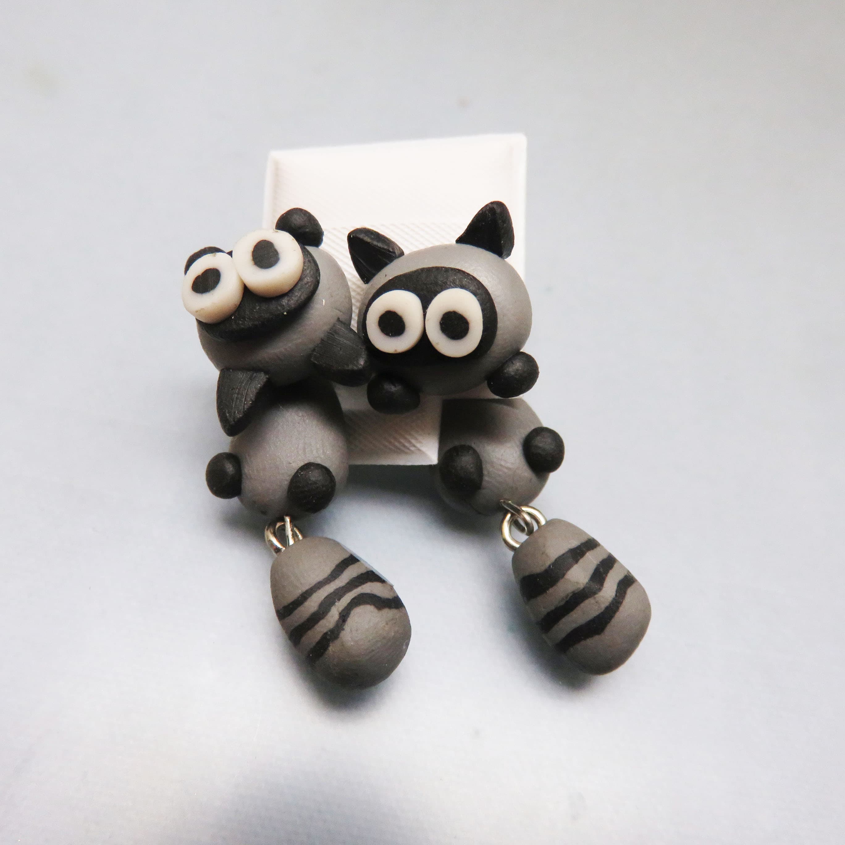 Convertible Polymer Clay Raccoon Earrings – Removable Front Back Ear Jackets – Three-Way Post Earrings