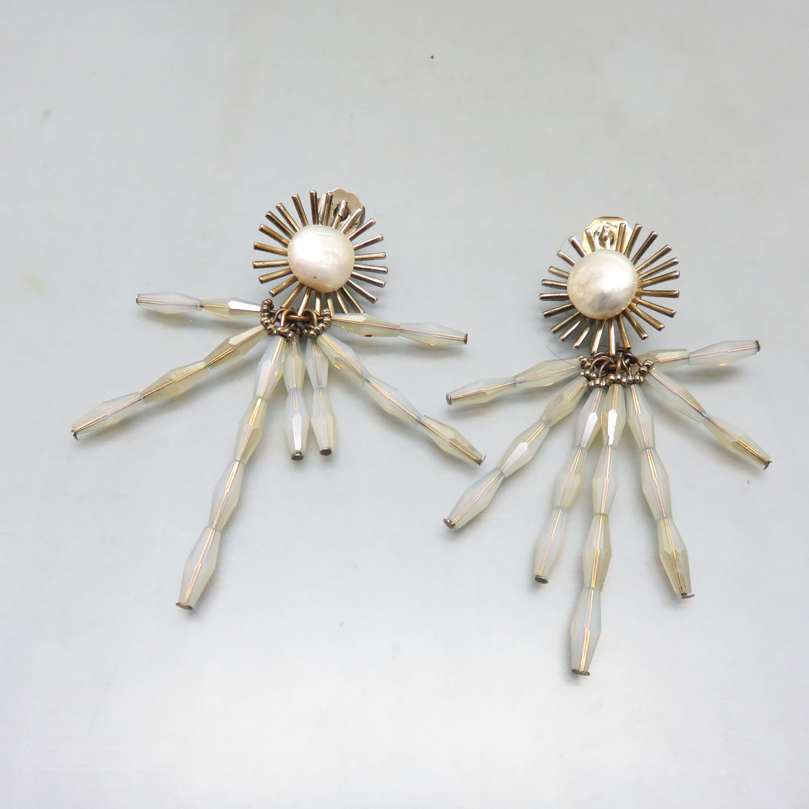 Coin Pearl Sunburst Earrings – Opalescent Glass Ray Statement Dangles – Vintage Goldtone Posts