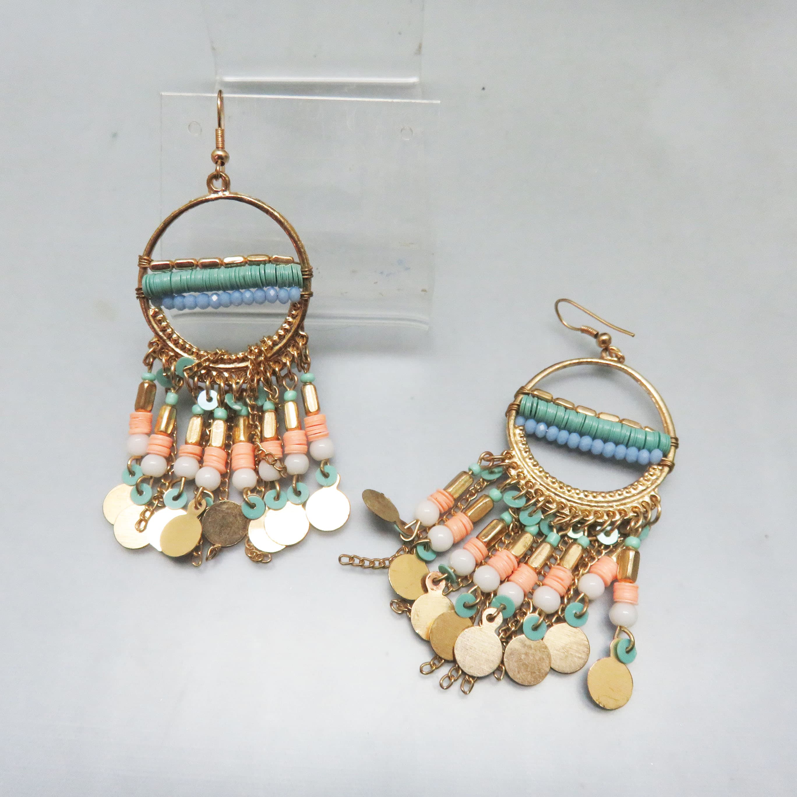 Coastal Boho Chandelier Earrings – Pastel Aqua Coral Beaded Fringe – Goldtone Coin Dangles