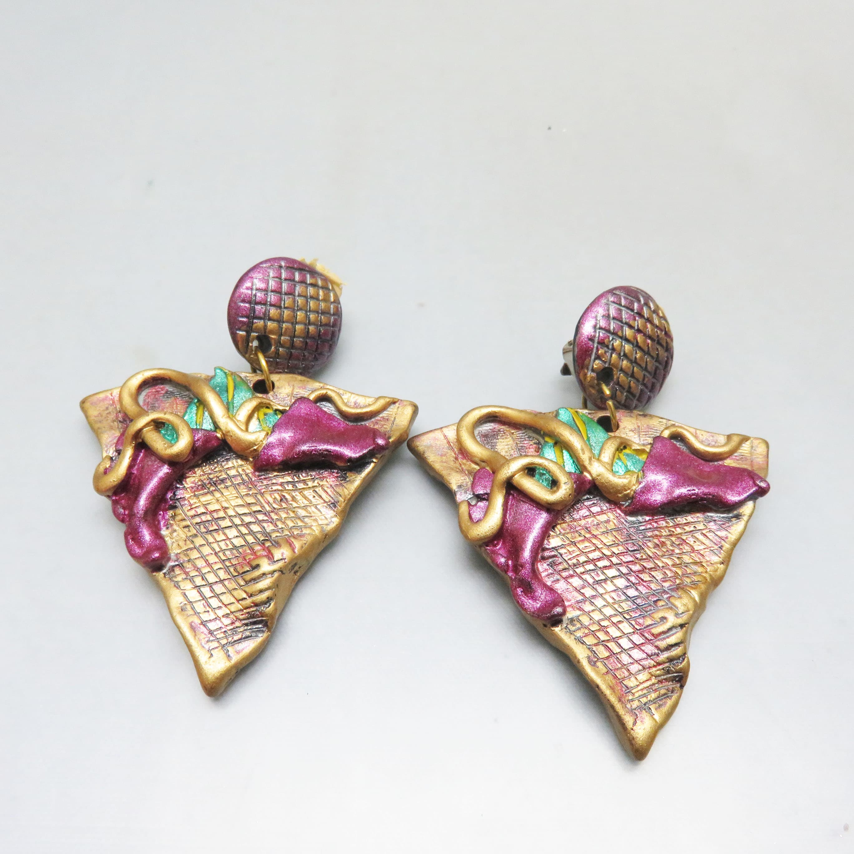 Vintage 1980s Abstract Clip On Earrings – Oversized Metallic Painted Plastic Statement Earrings – New Wave Wearable Art