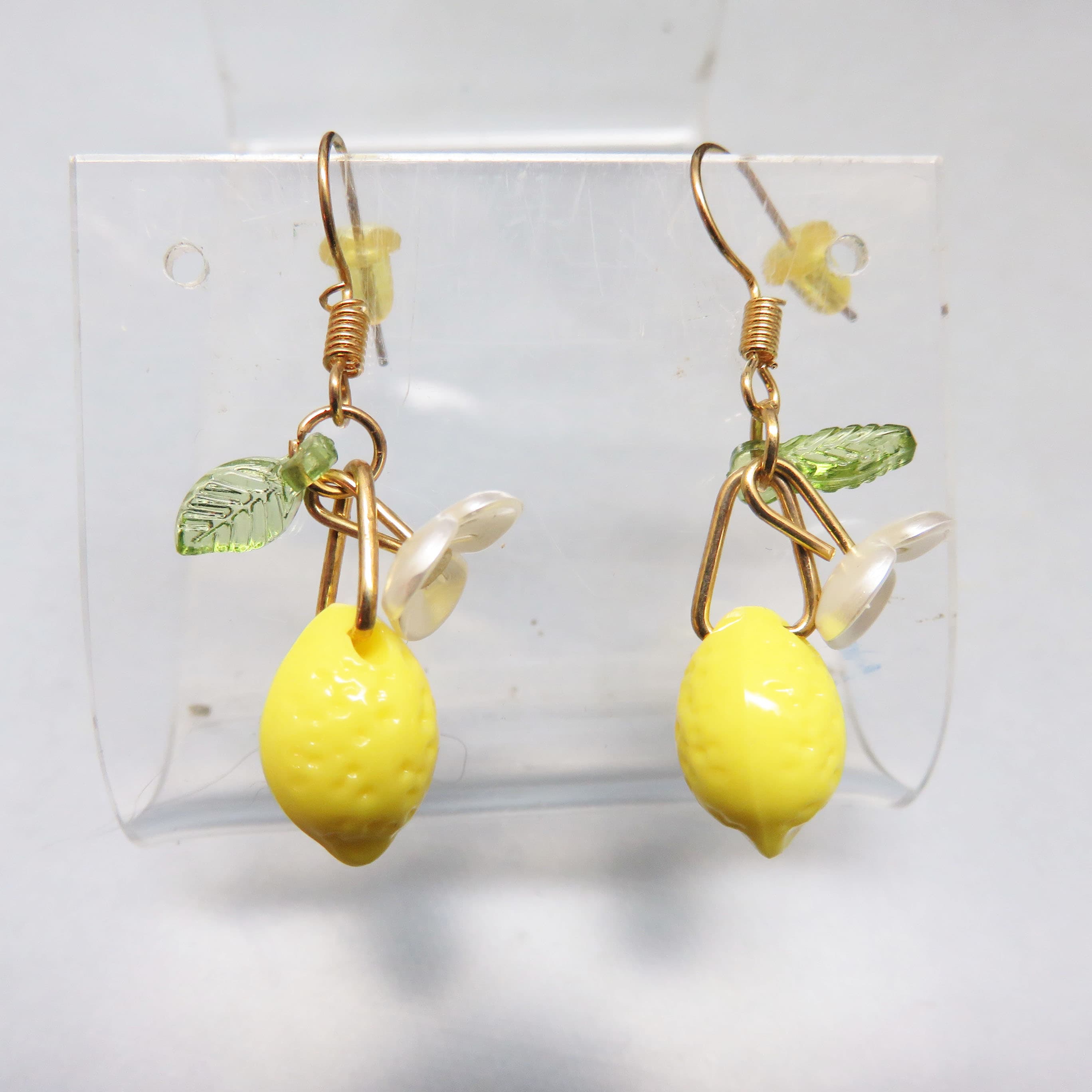 Yellow Lemon Dangle Earrings – Flower and Green Leaf Beads – Whimsical French Hook Fruit Earrings