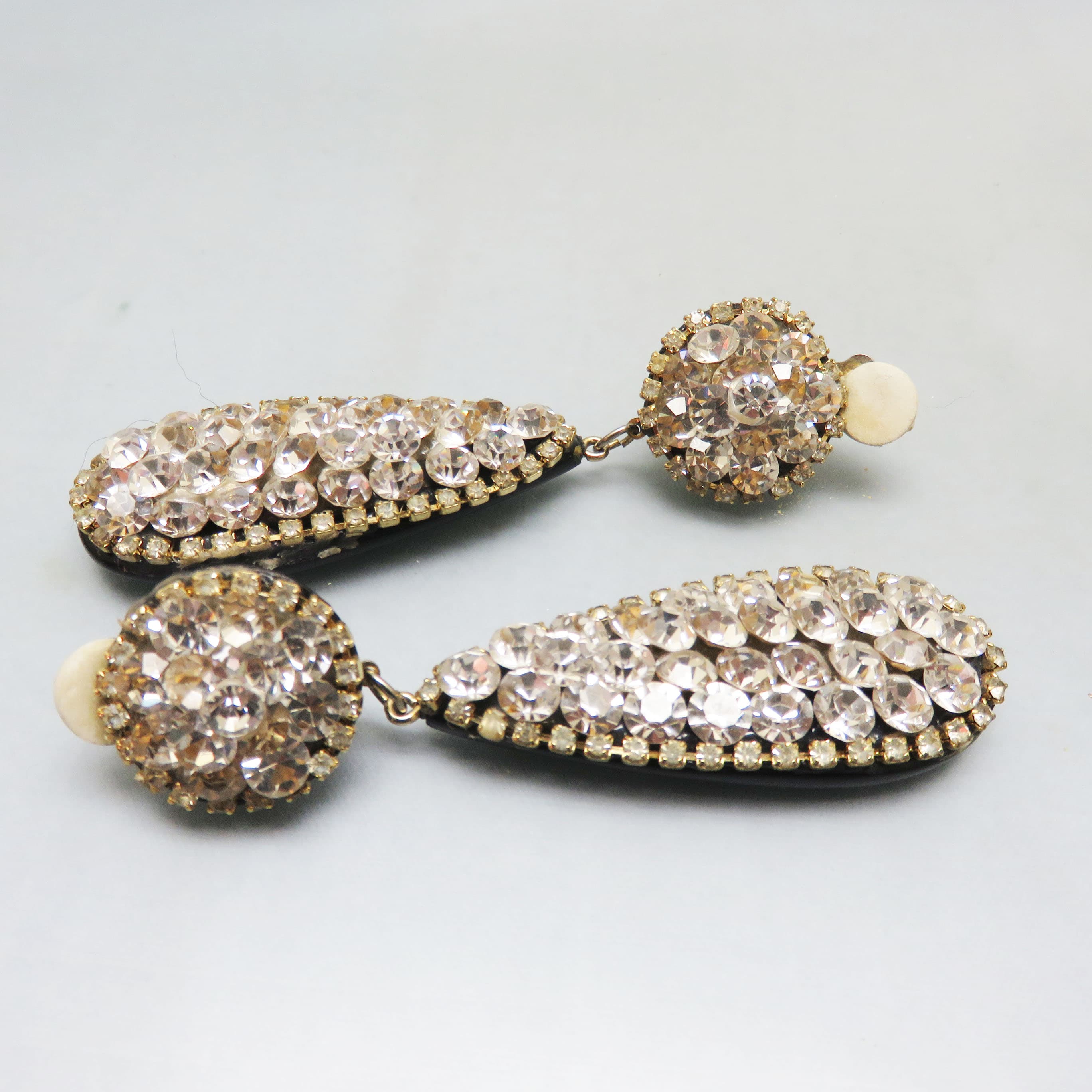 Vintage Rhinestone Clip On Dangle Earrings – Extra Long Clear Champagne Crystal Statement Earrings – 3 3/4 Inches