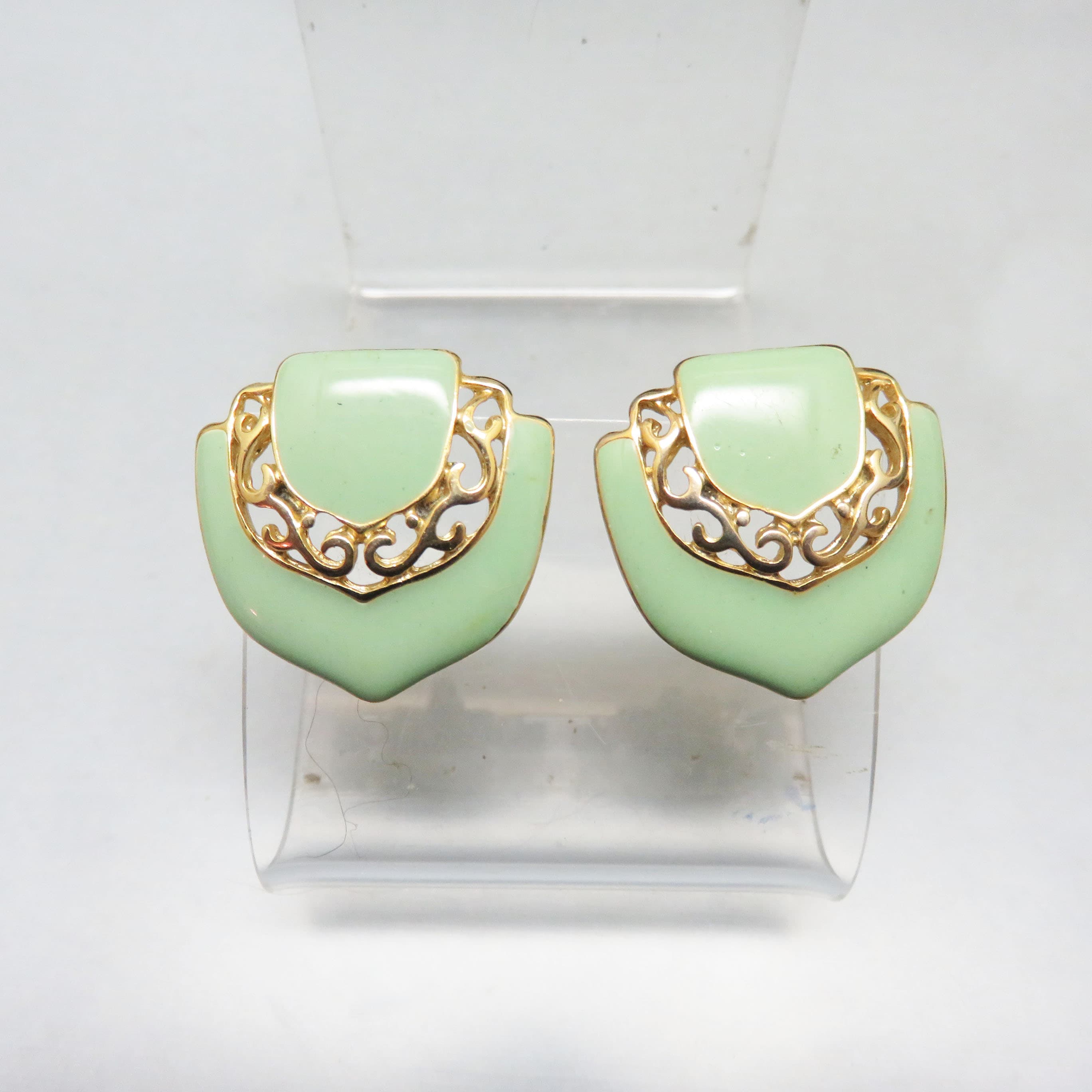 Vintage Mint Green Enamel Earrings – Goldtone Filigree Post Earrings – Art Deco Shield Statement Studs