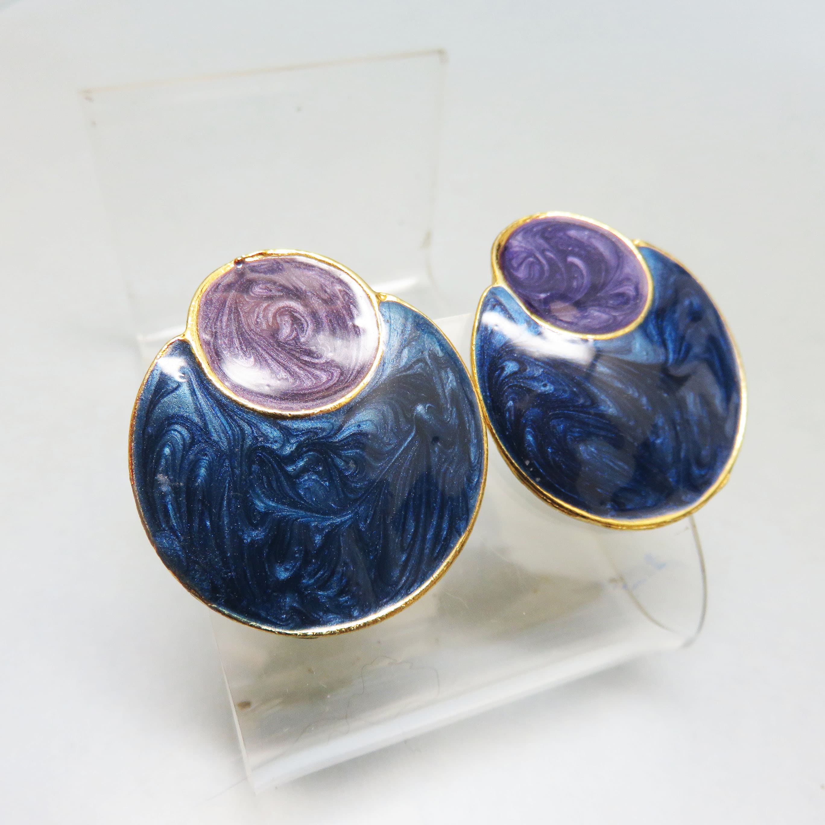 Vintage Blue Purple Enamel Statement Earrings – Pearlescent Swirl Oversized Post Earrings – 1980s 1990s Jewelry
