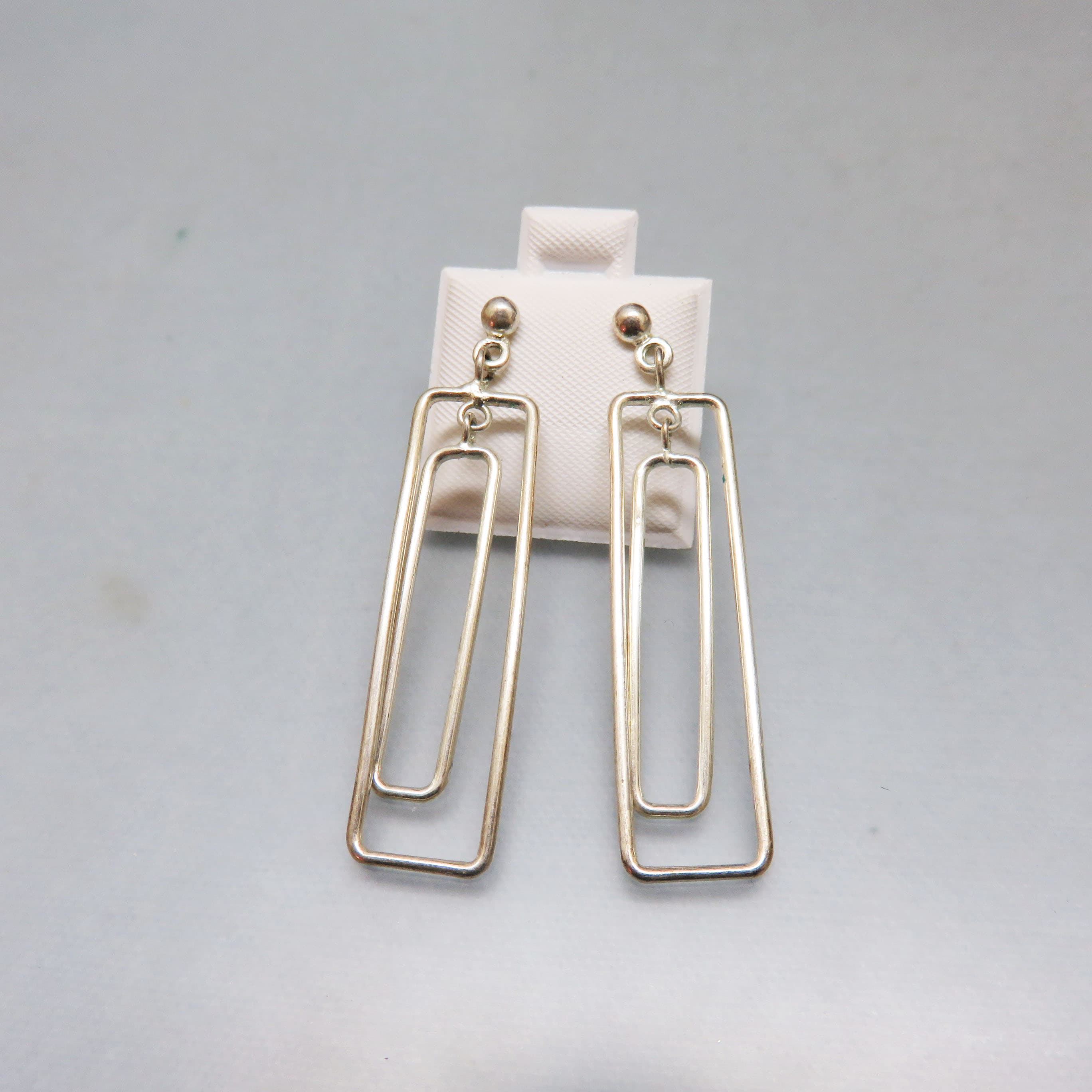 Silverplated Paperclip Dangle Earrings – Double Rectangle Post Earrings – Modern Geometric Statement Jewelry