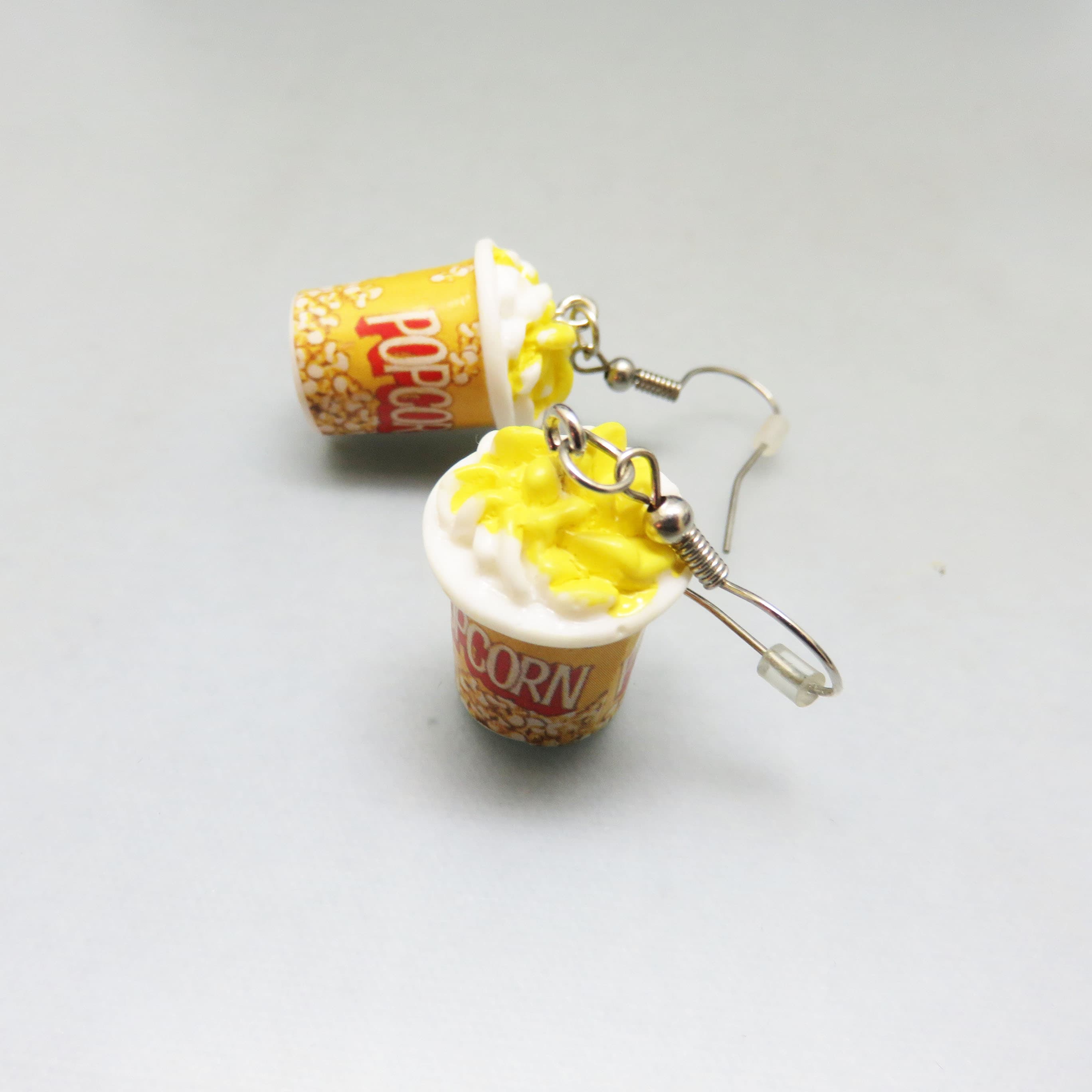 Popcorn Dangle Earrings – Miniature Movie Snack Earrings – Whimsical Plastic French Hook Jewelry