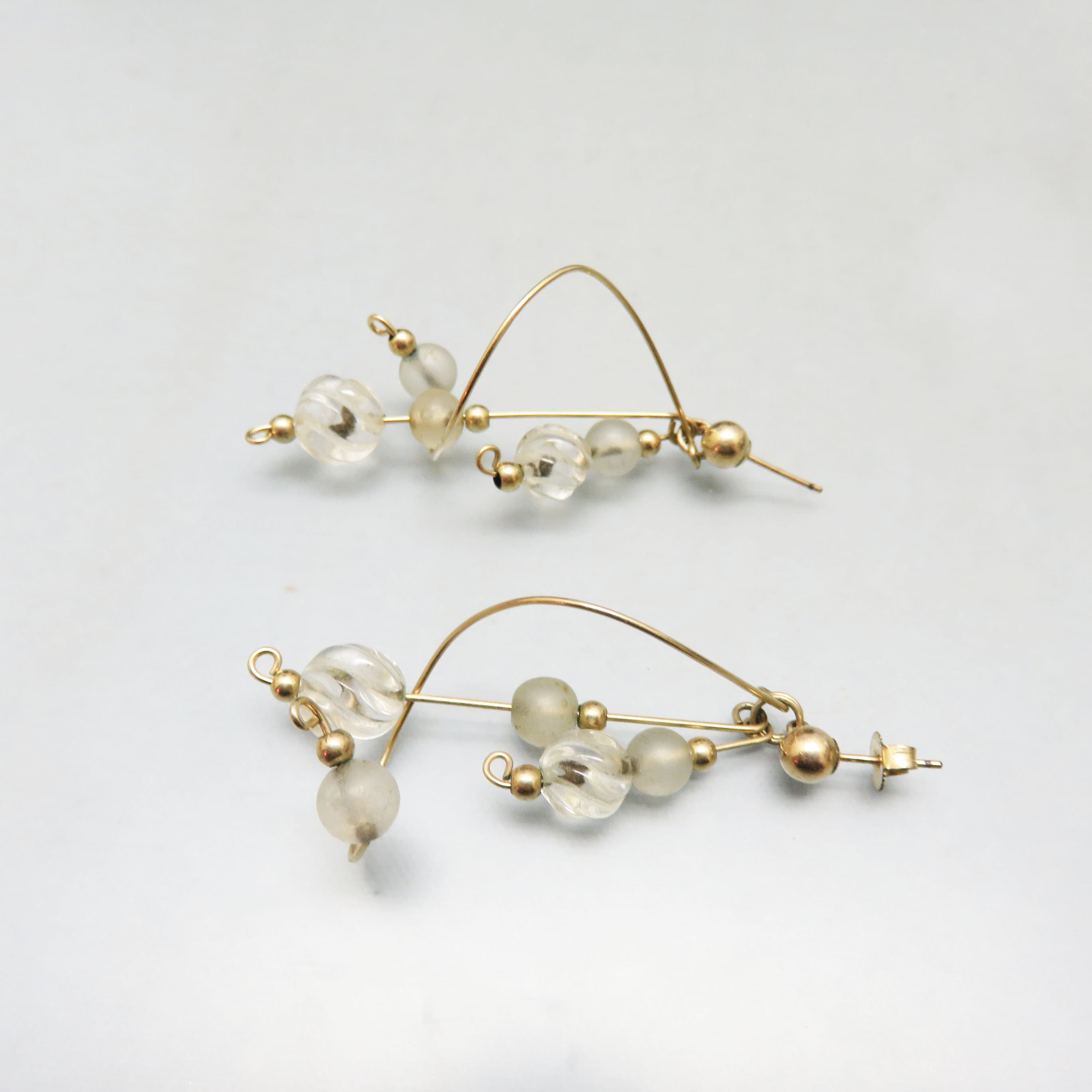 Vintage Kinetic Mobile Earrings – Goldtone Wire and Clear Bead Dangles – Sculptural Post Statement Earrings