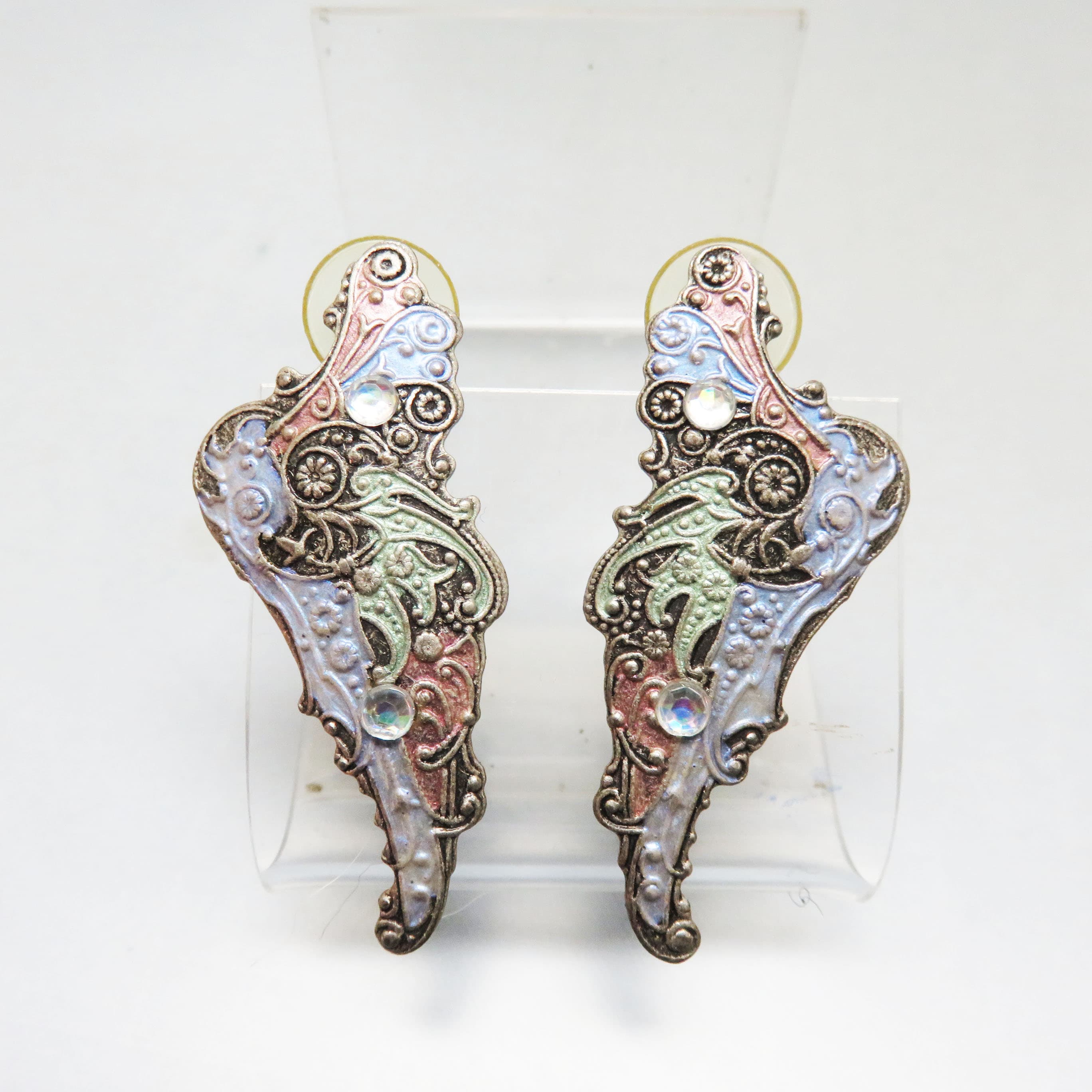 Hand Painted Brass Wing Earrings – Pastel Rhinestone Statement Posts – Ornate Steampunk Style Earrings