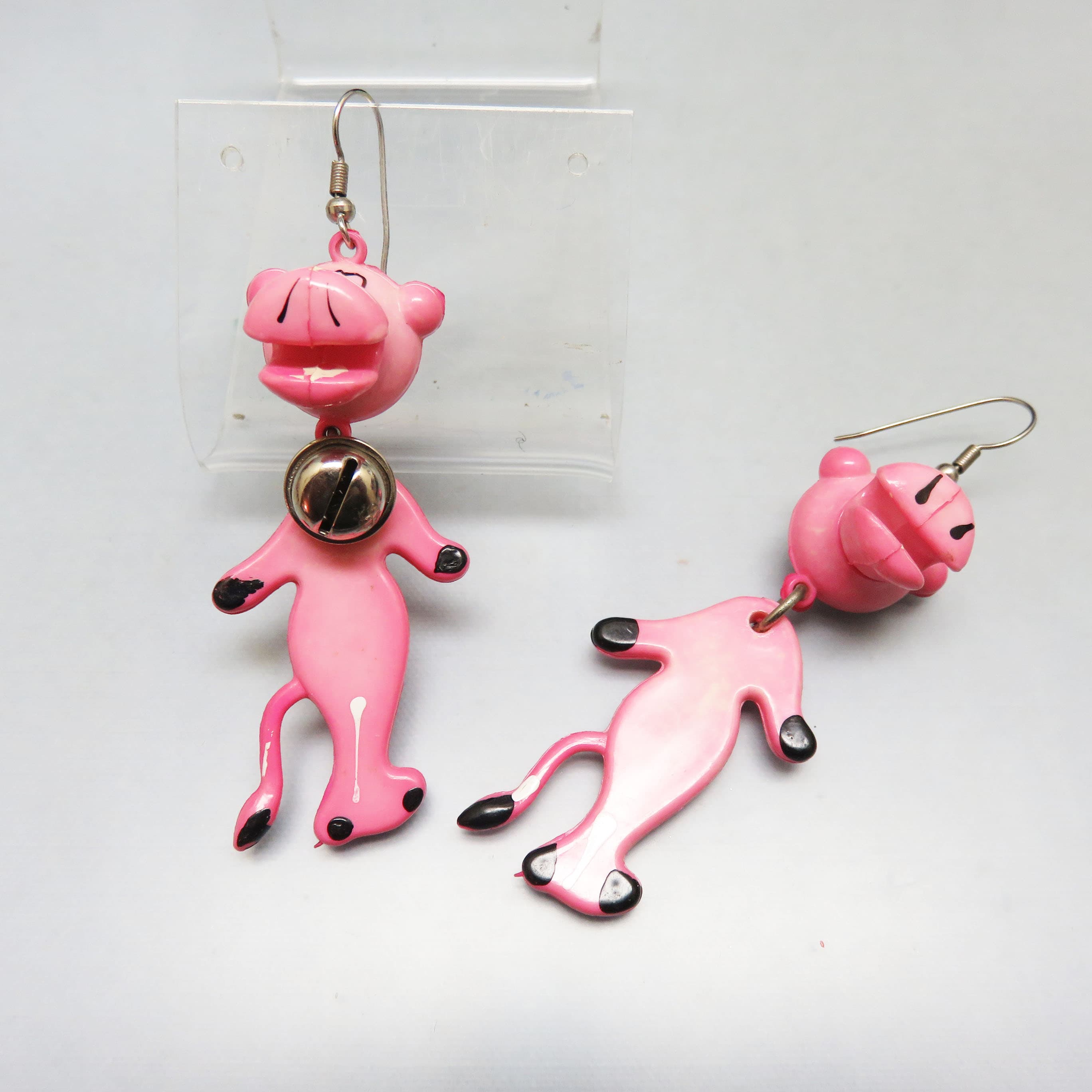 Vintage Pink Cow Earrings – Articulated Plastic Dangles with Bells – Large Novelty French Hook Earrings
