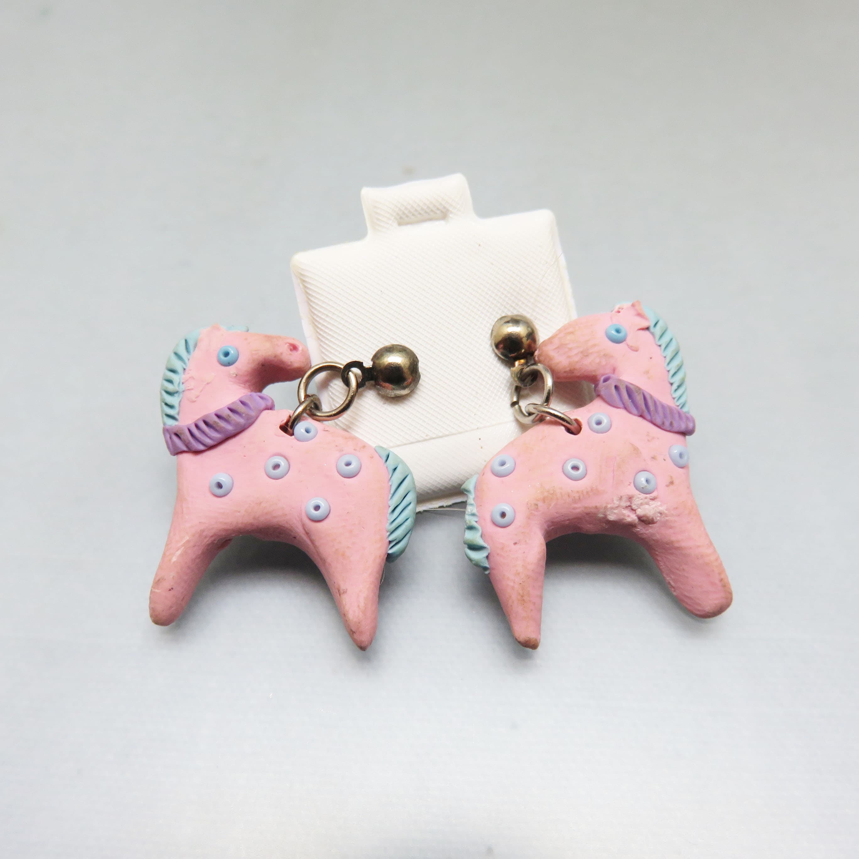 Handmade Pink Clay Horse Earrings – Pastel Pony Post Dangles – Whimsical Folk Art Jewelry