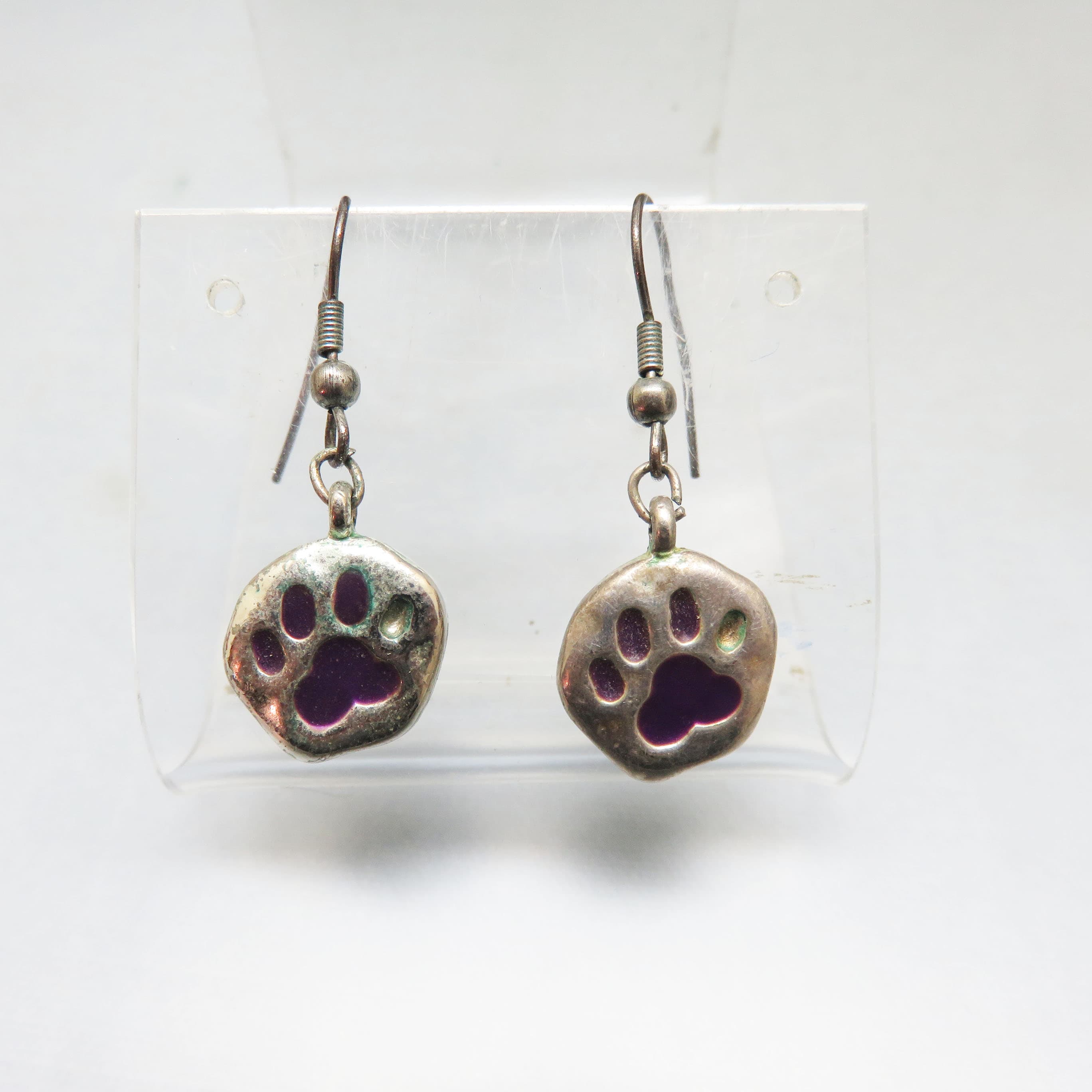 Purple Enamel Paw Print Earrings – Silvertone French Hook Dangles – Cat or Dog Lover Jewelry