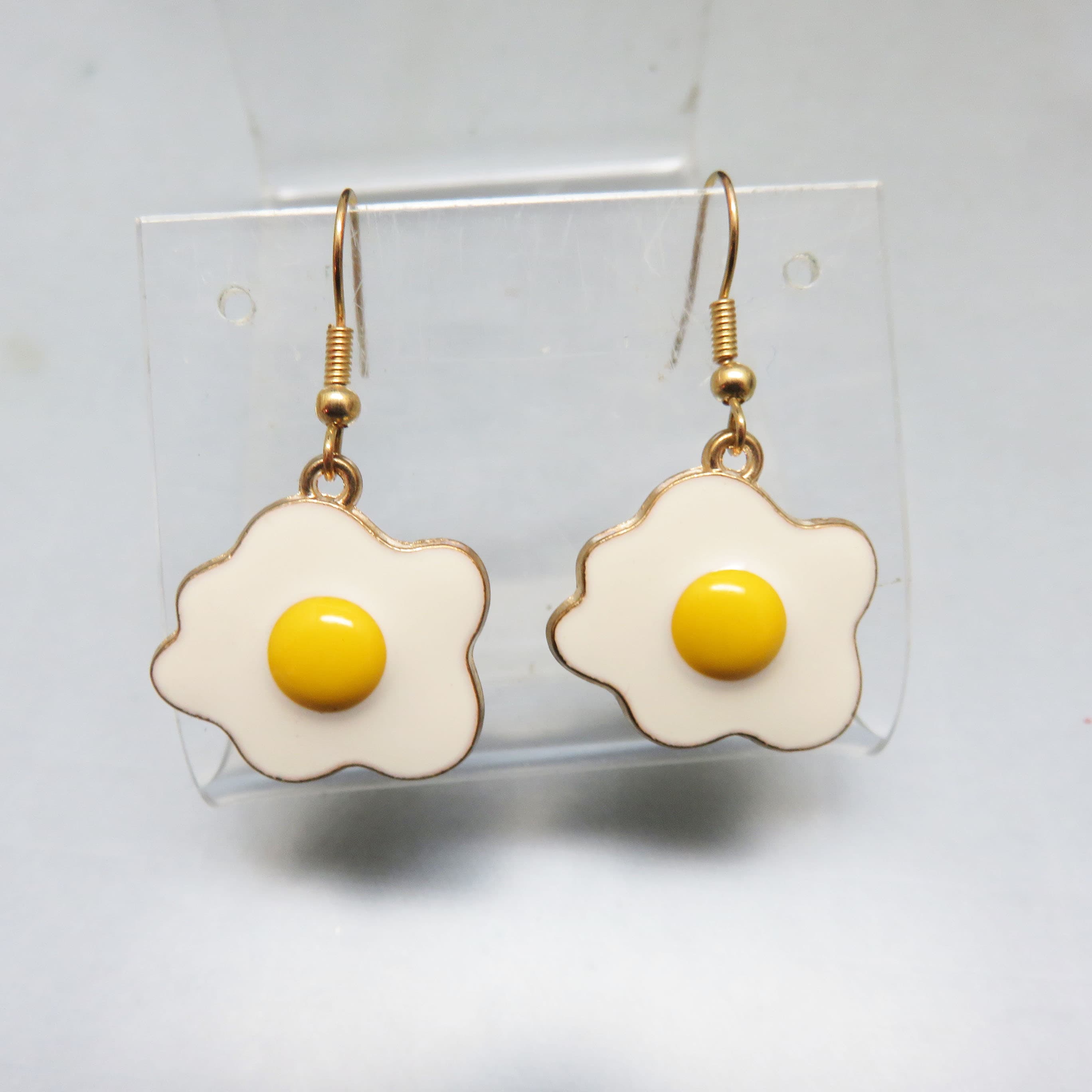 Fried Egg Earrings – Sunny Side Up Enamel Dangles – Whimsical Goldtone French Hook Jewelry