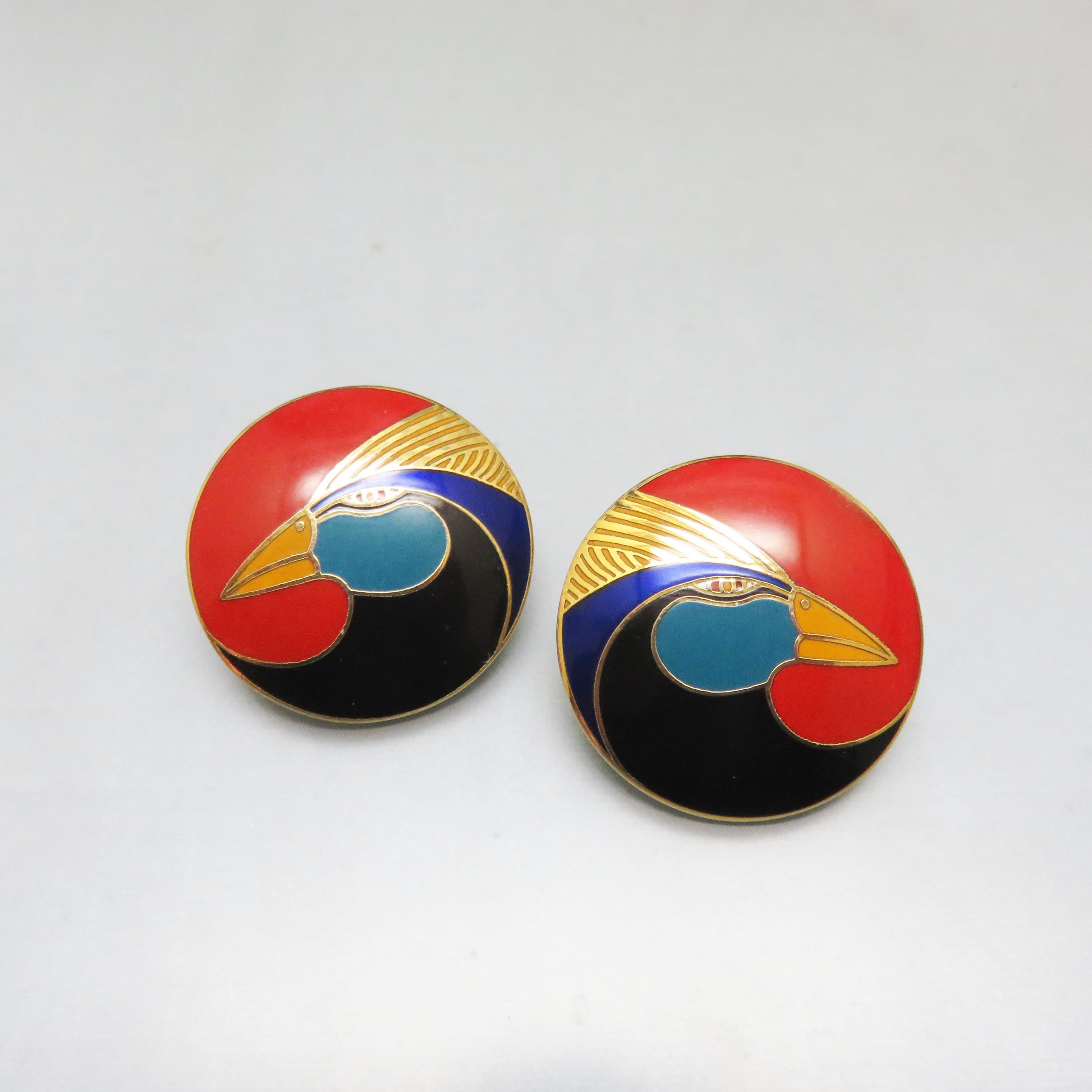 Vintage Laurel Burch Harlequin Bird Earrings – Signed Domed Enamel Post Earrings – 1980s Designer Jewelry