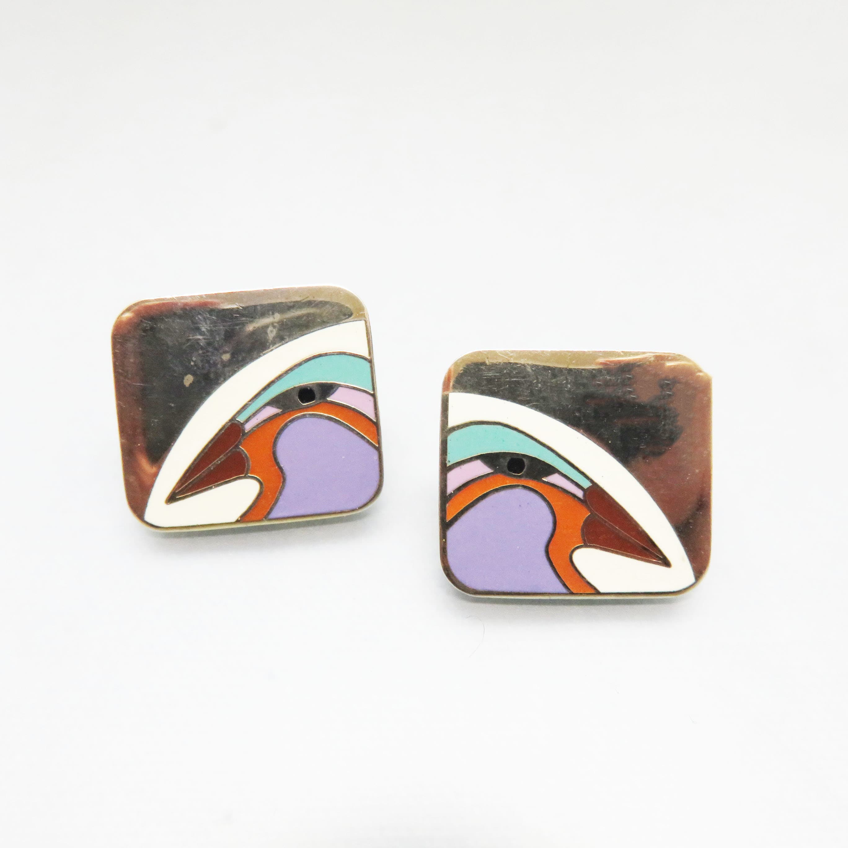 Vintage Laurel Burch Tori-Mon Bird Earrings – Signed Enamel Square Post Earrings – Designer Jewelry