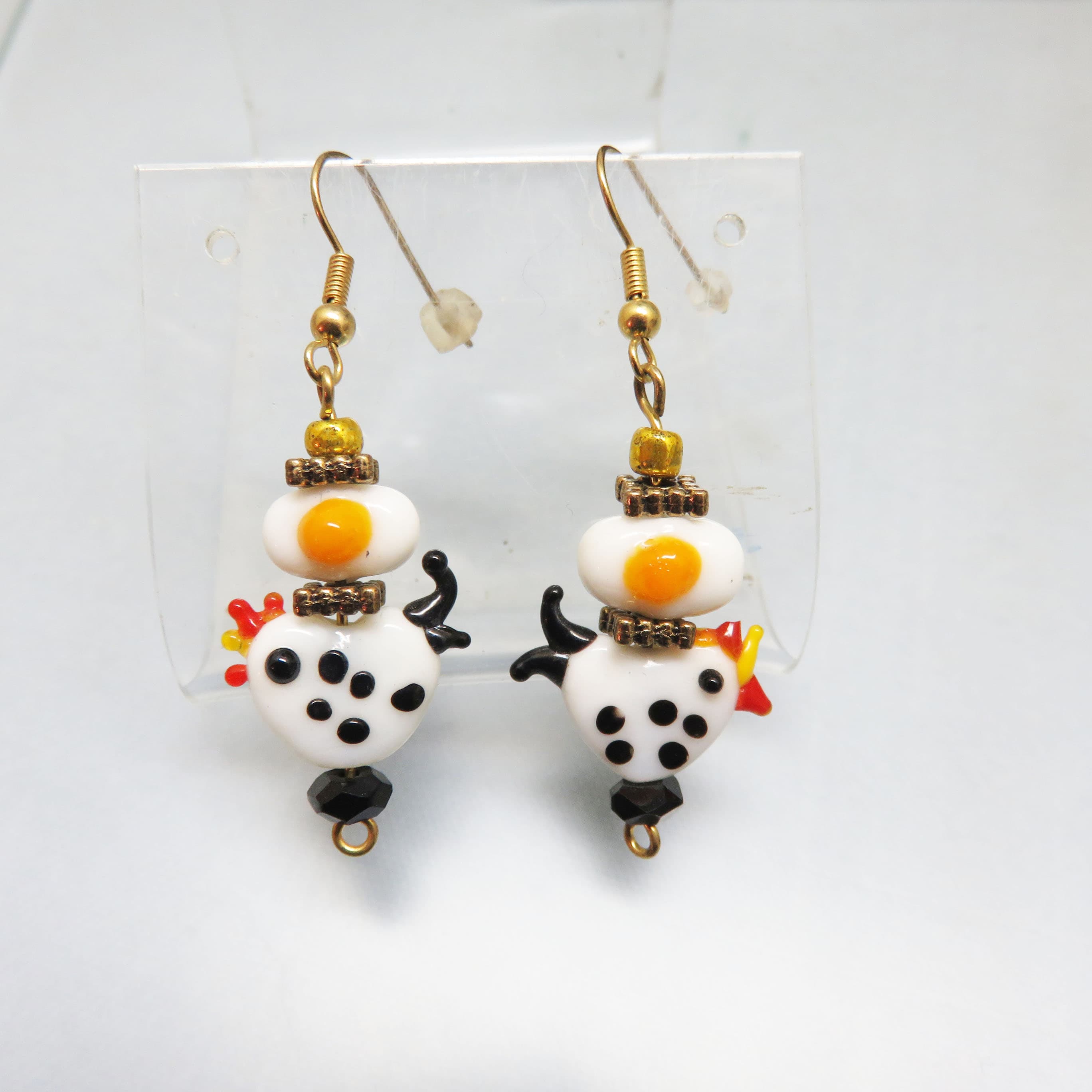 Handmade Lampwork Chicken and Egg Earrings – Whimsical Glass Bead French Hook Dangles – One of a Kind