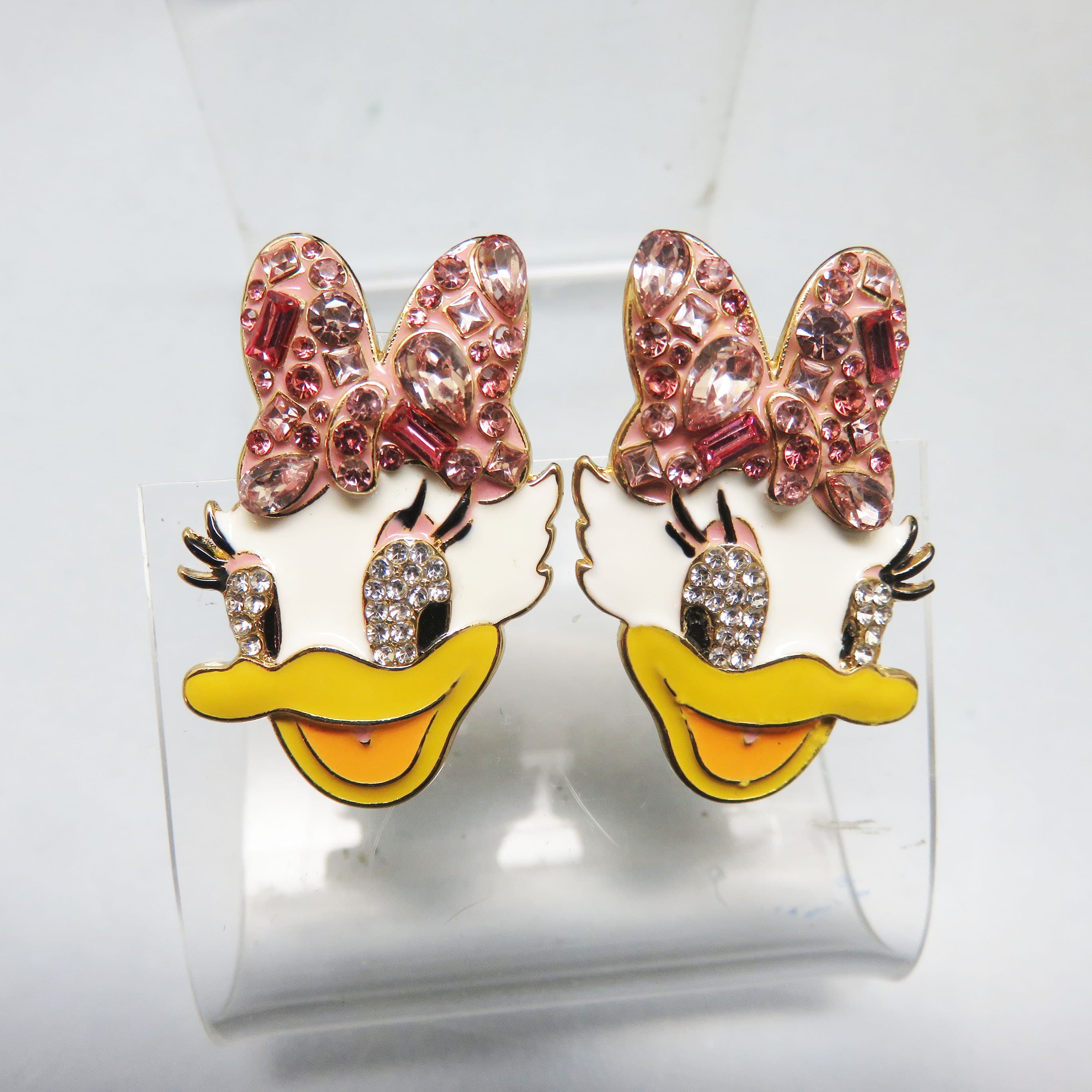 Disney Daisy Duck Earrings by BaubleBar – Pink Rhinestone Bow Statement Posts – Signed Character Jewelry