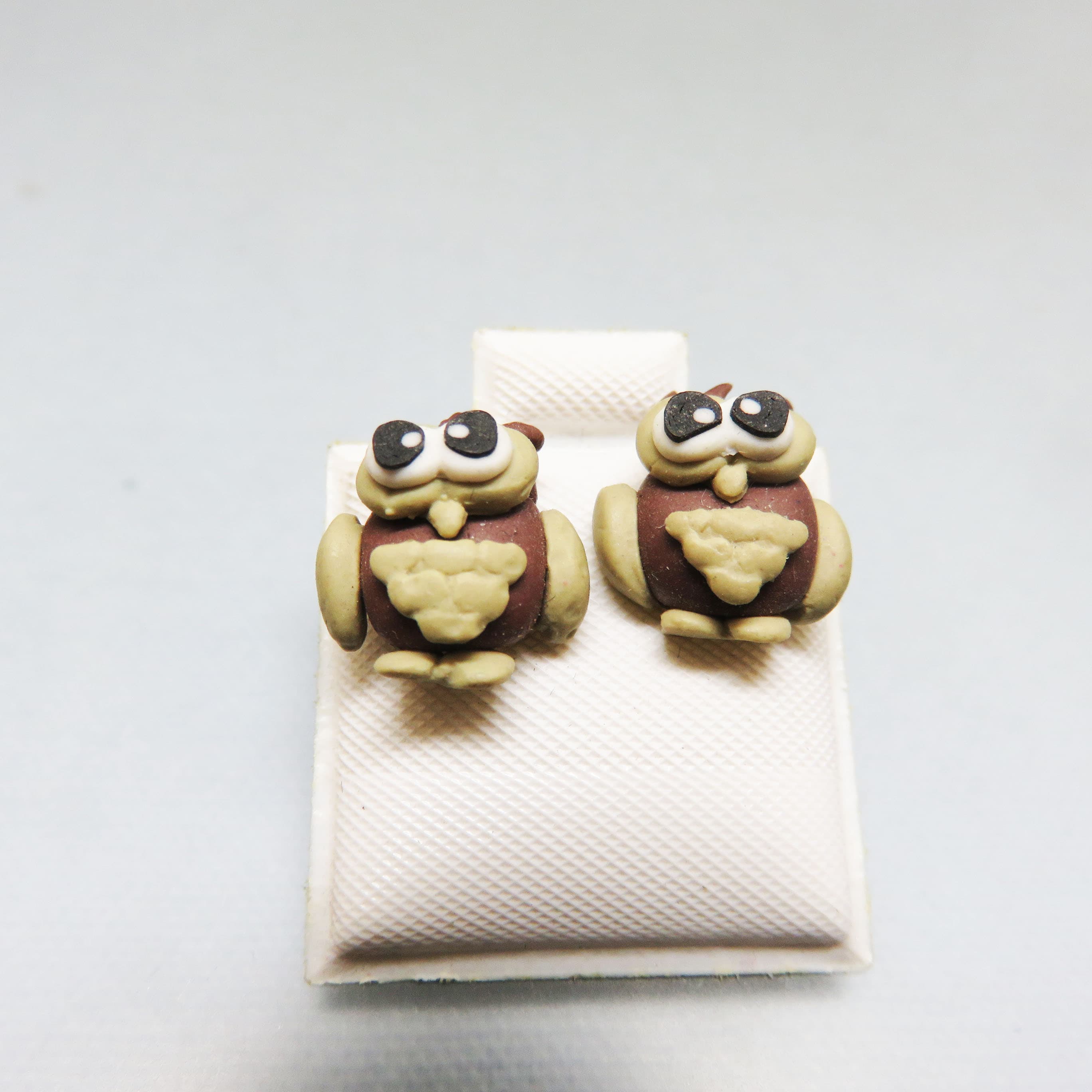Tiny Polymer Clay Owl Earrings – Three-Dimensional Bird Post Studs – Whimsical Woodland Jewelry