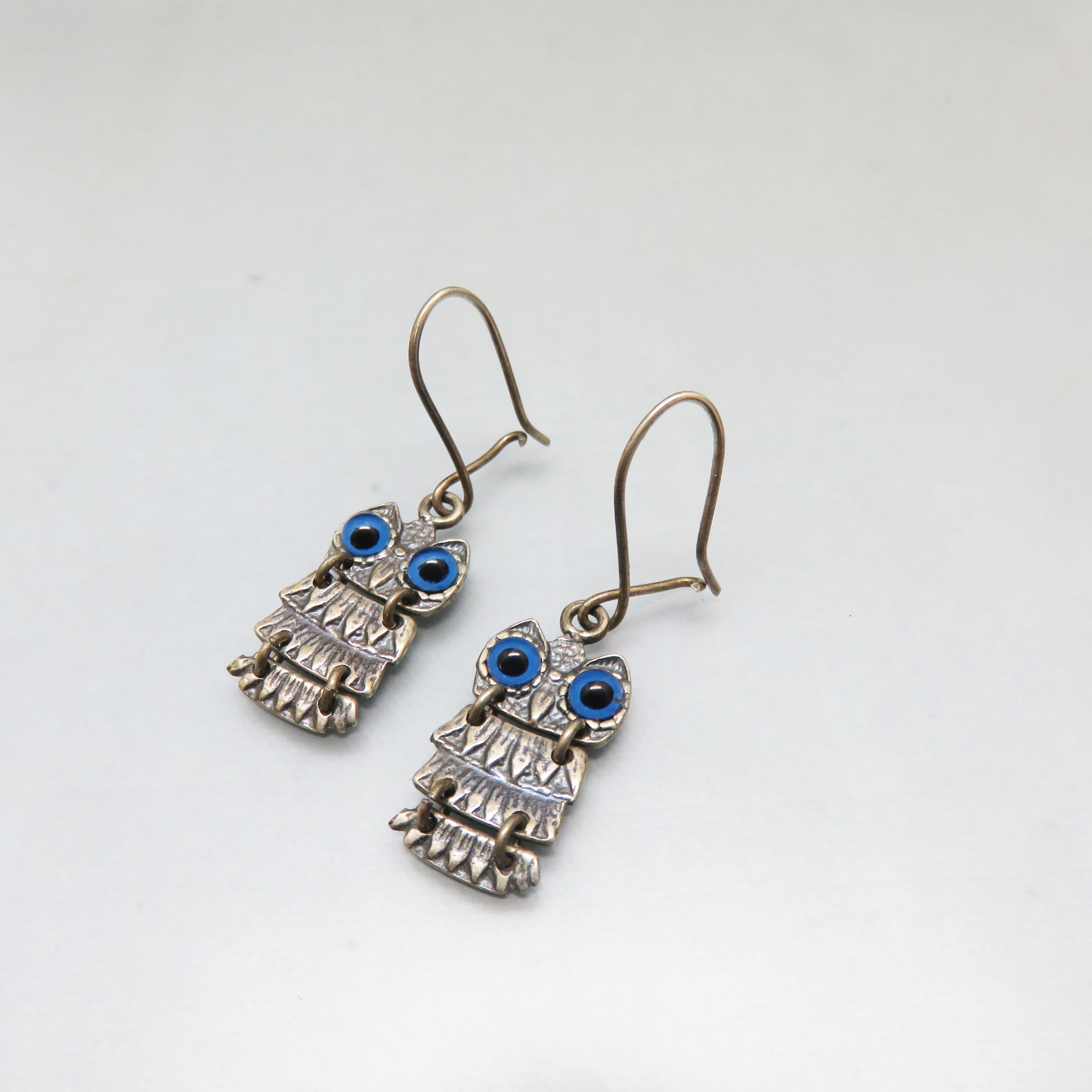 Sterling Silver Articulated Owl Earrings – Blue Glass Eyes – 925 Kidney Wire Bird Dangles