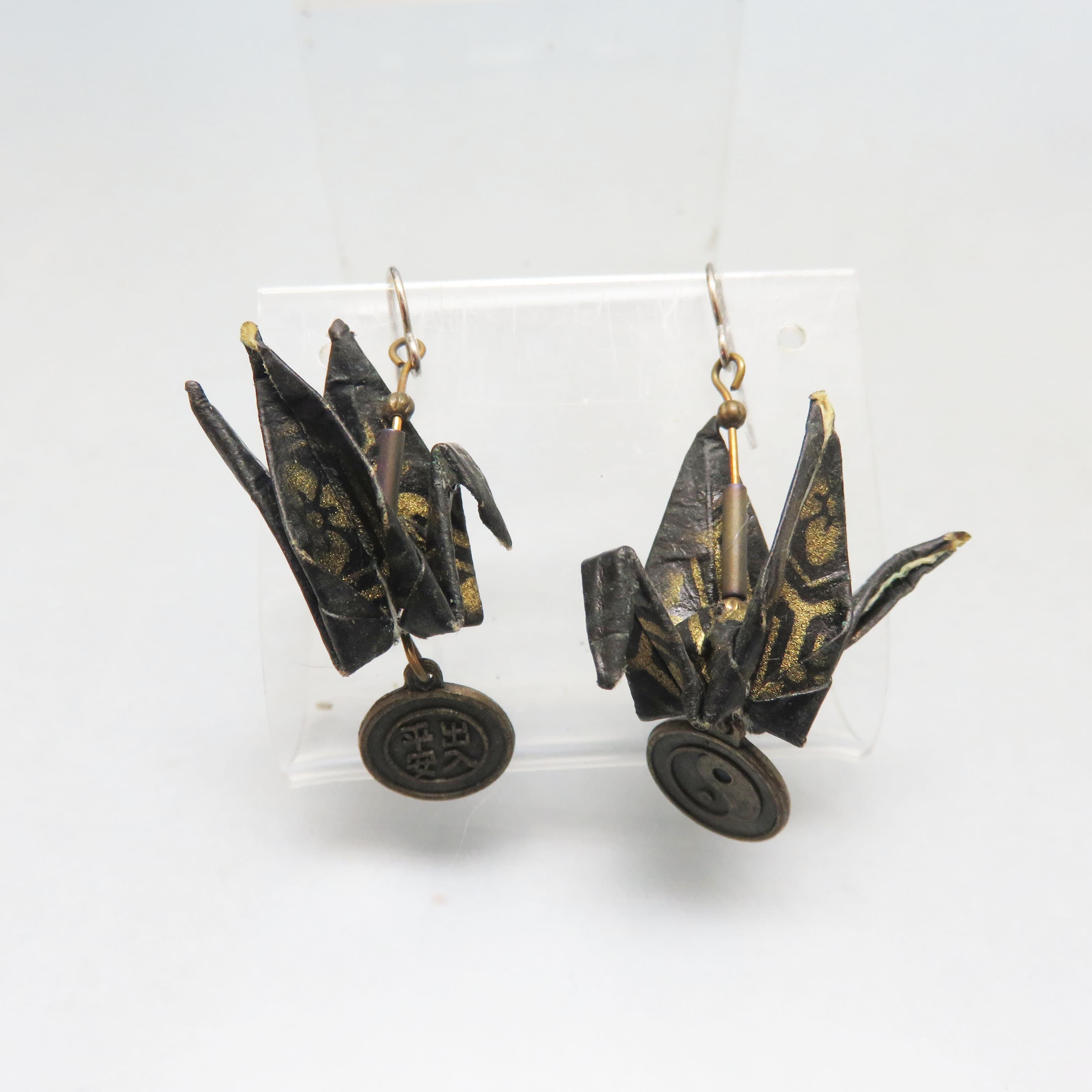 Origami Paper Crane Earrings – Yin-Yang Charm Dangles – Black and Gold French Hook Bird Jewelry