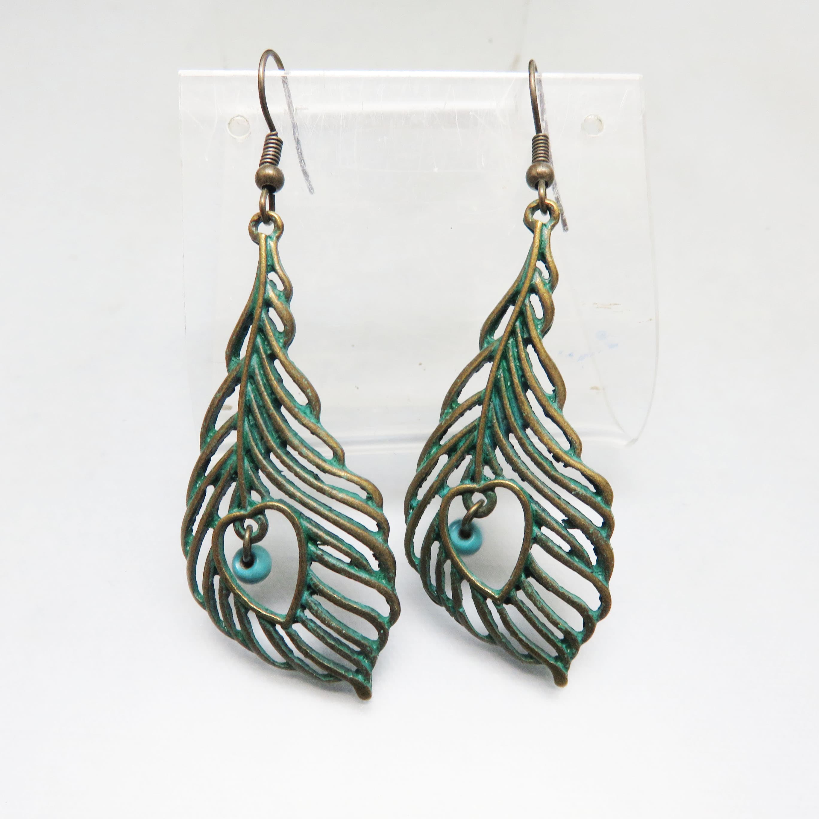 Patina Peacock Feather Earrings – Turquoise Glass Bead Dangles – Openwork French Hook Statement Jewelry