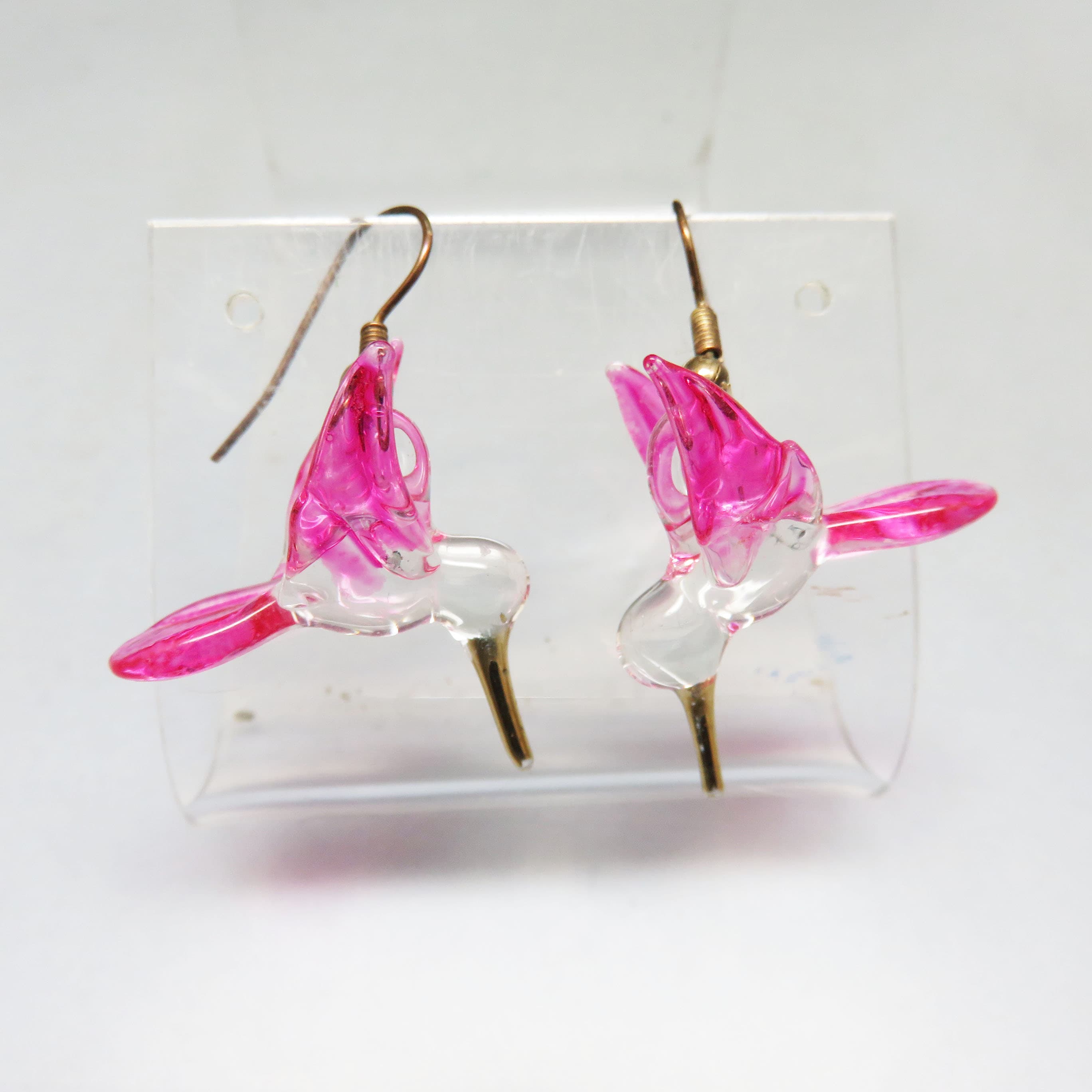 Hand-Blown Glass Hummingbird Earrings – Pink Art Glass Bird Dangles – Three-Dimensional French Hook Jewelry