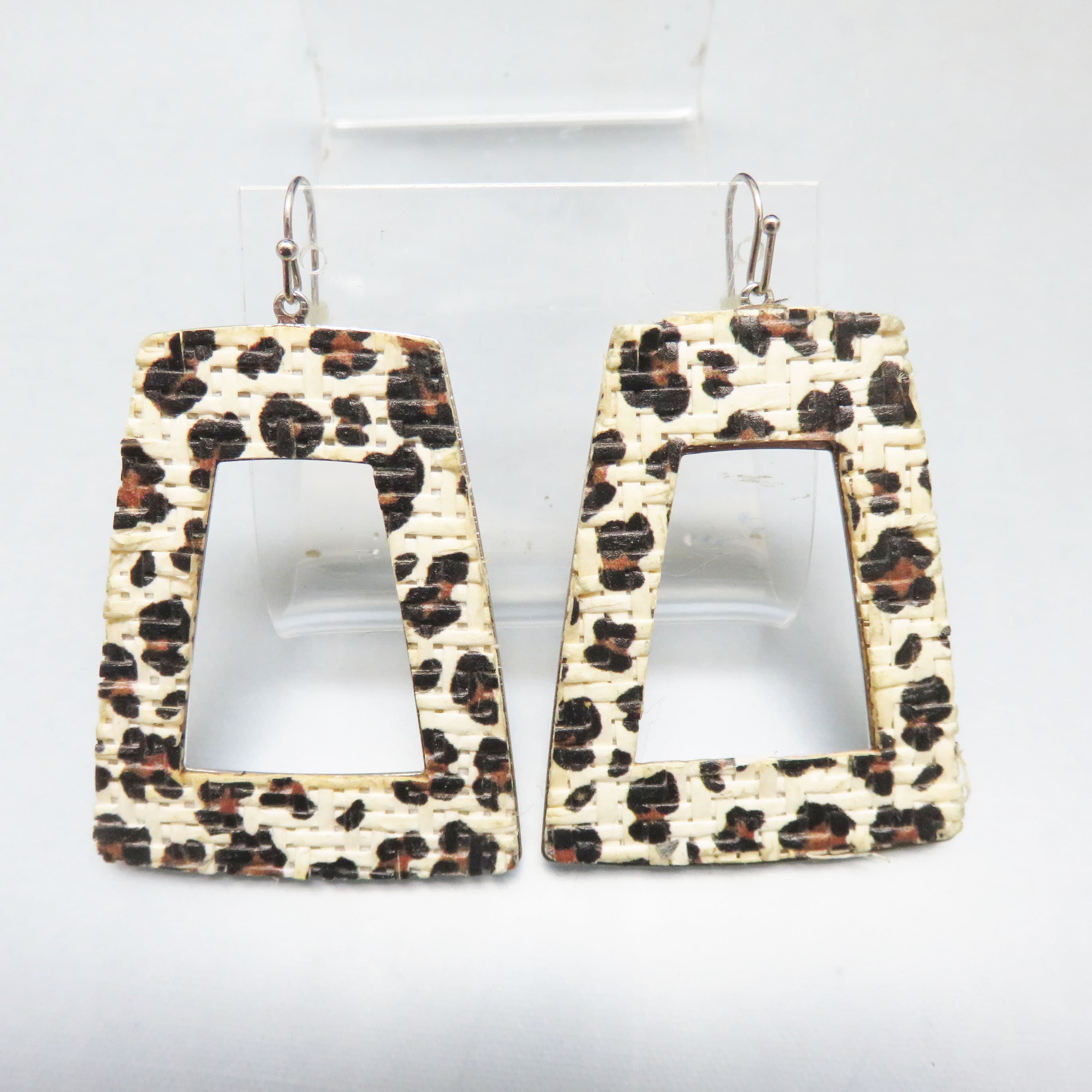 Leopard Print Geometric Earrings – Fabric-Covered Metal Trapezoid Dangles – Mirrored Statement Jewelry