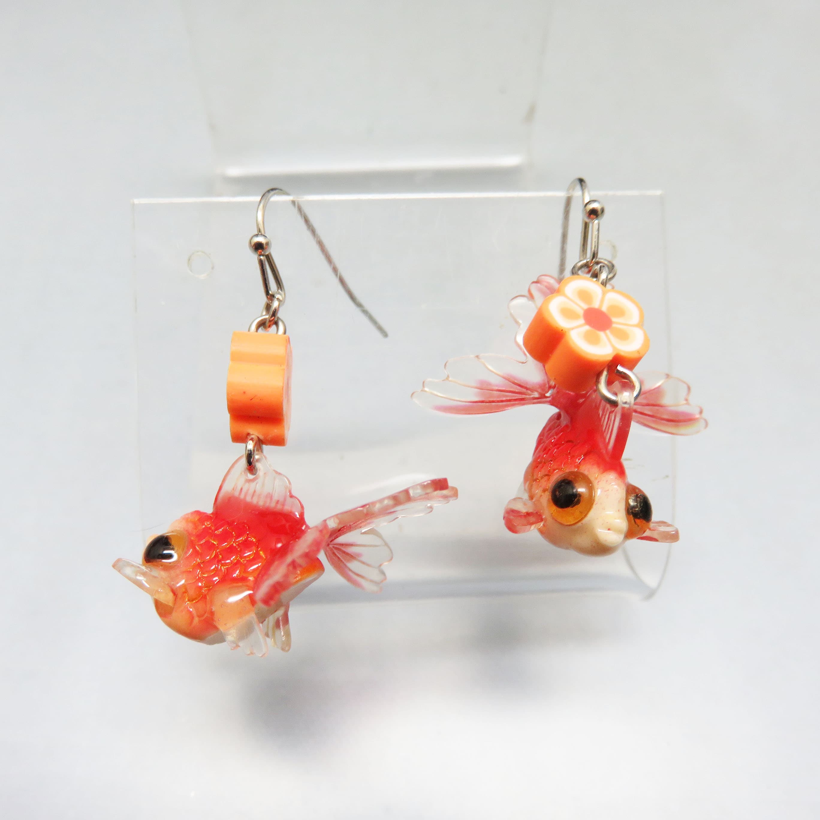 Fancy Goldfish & Polymer Clay Flower Dangle Earrings