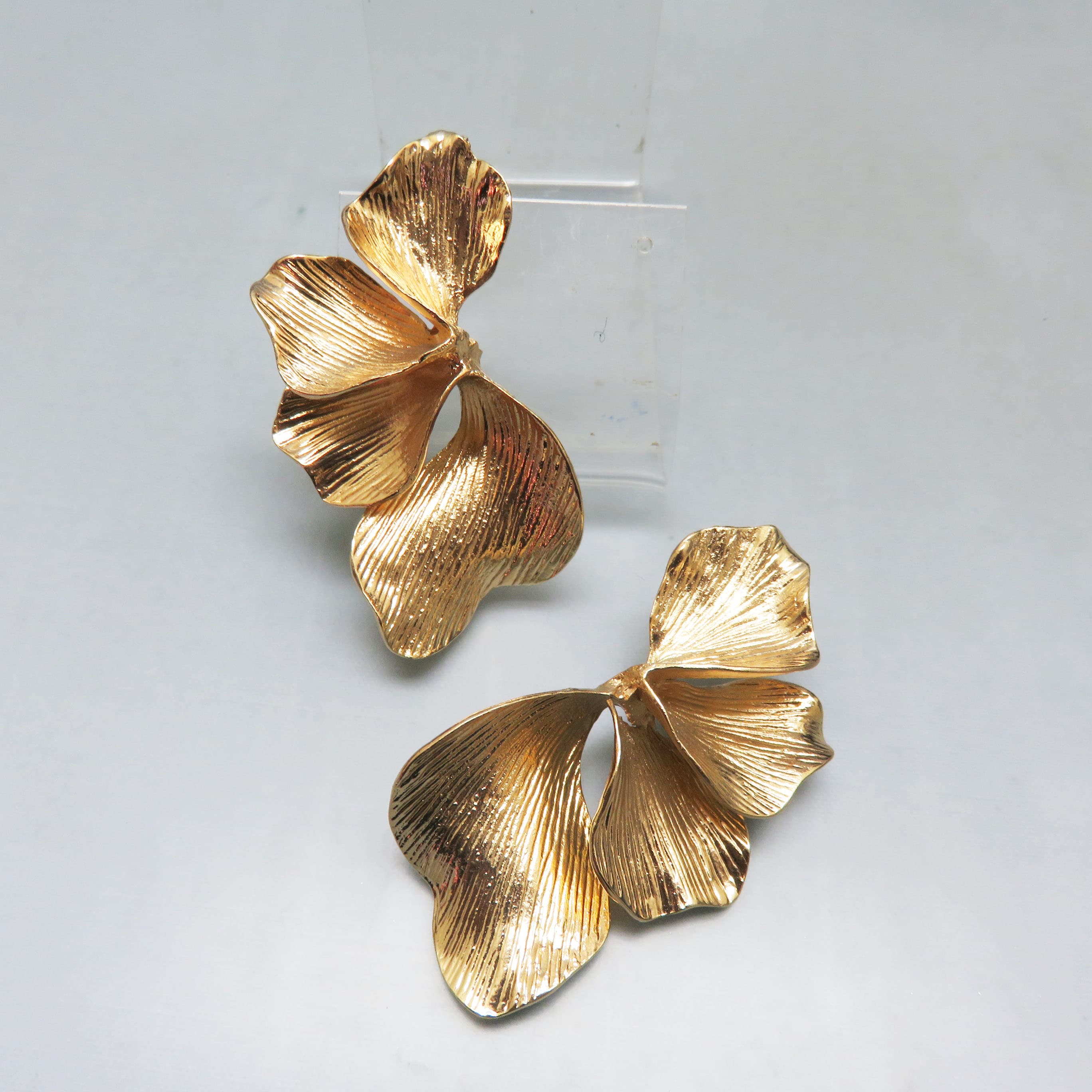 Bold Goldtone Sculptural Petal Statement Earrings – 3 Inch Post Style Pierced Earrings