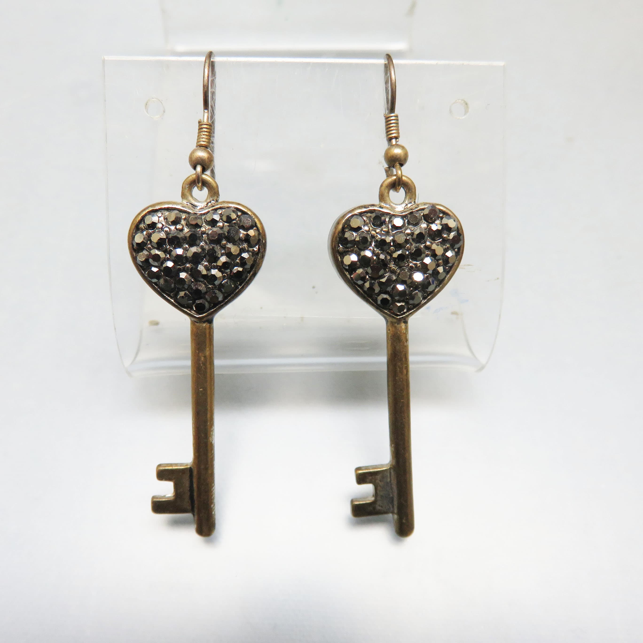 Antique Goldtone Heart Key Earrings – Marcasite Look Rhinestone Skeleton Keys – Steampunk French Hook Dangles