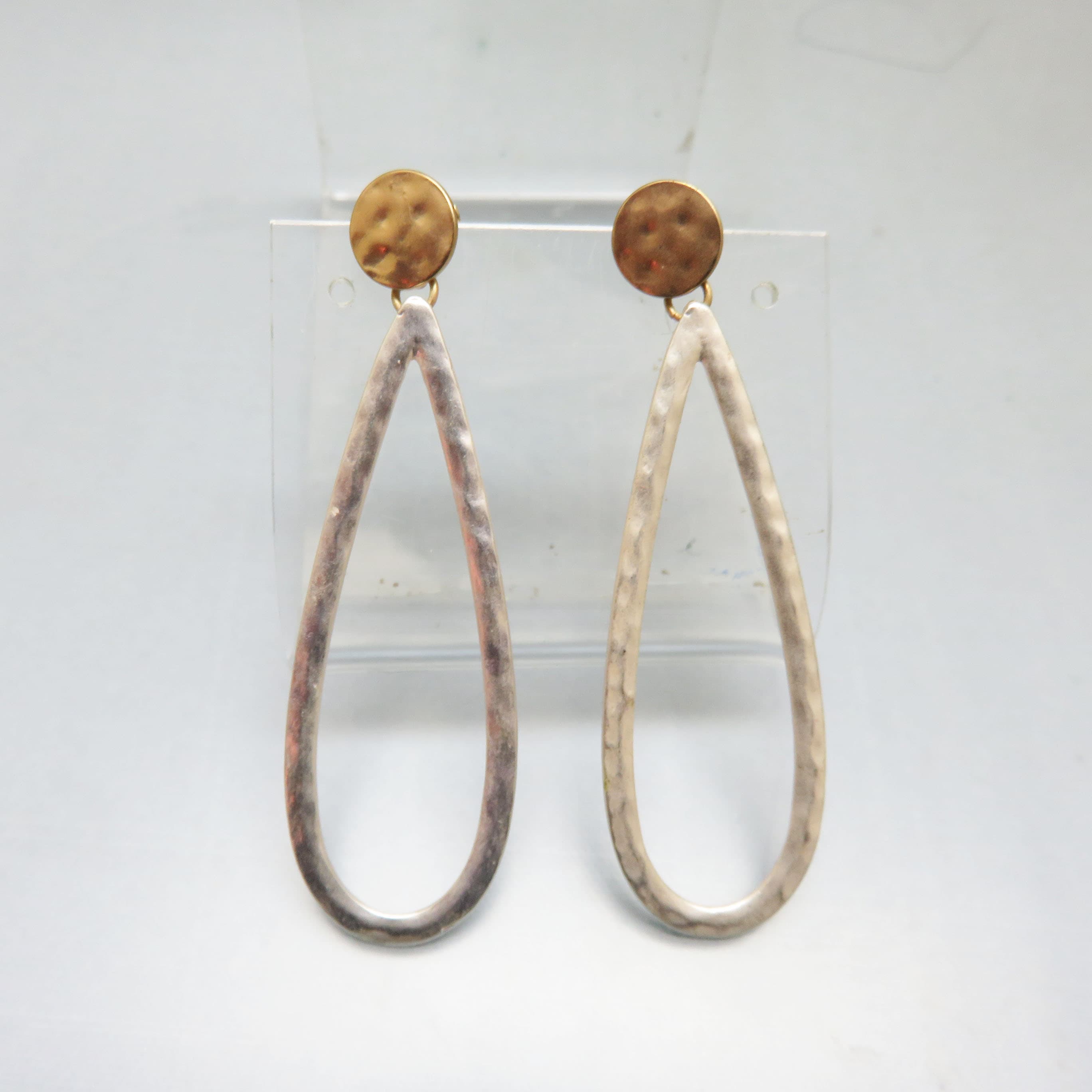 Two Tone Hammered Teardrop Earrings – Gold and Silvertone Long Open Dangles – Modern Mixed Metal Posts