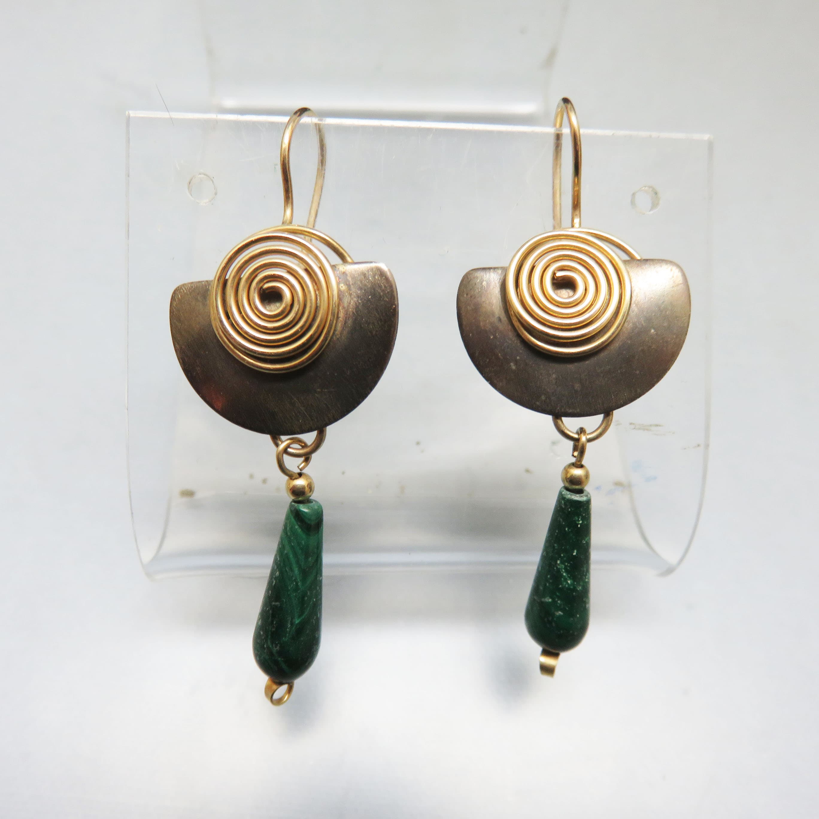 Mixed Metal Dark Green Stone Earrings – Brass Spiral Geometric French Hook Dangles – Artisan Steampunk Jewelry
