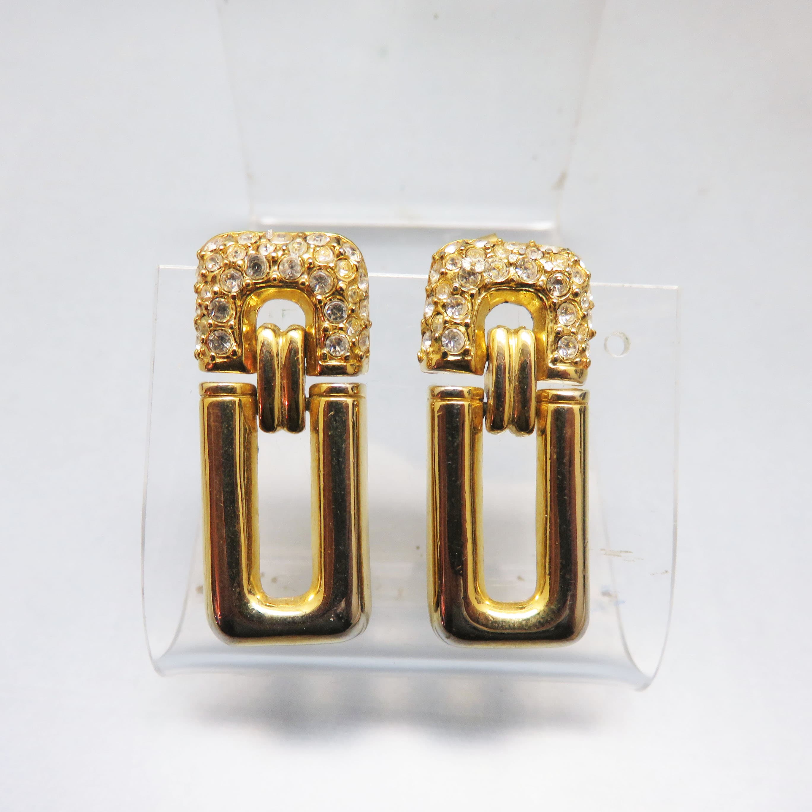 Vintage Park Lane Rhinestone Door Knocker Earrings – Goldtone Articulated Post Dangles – Signed Designer Jewelry