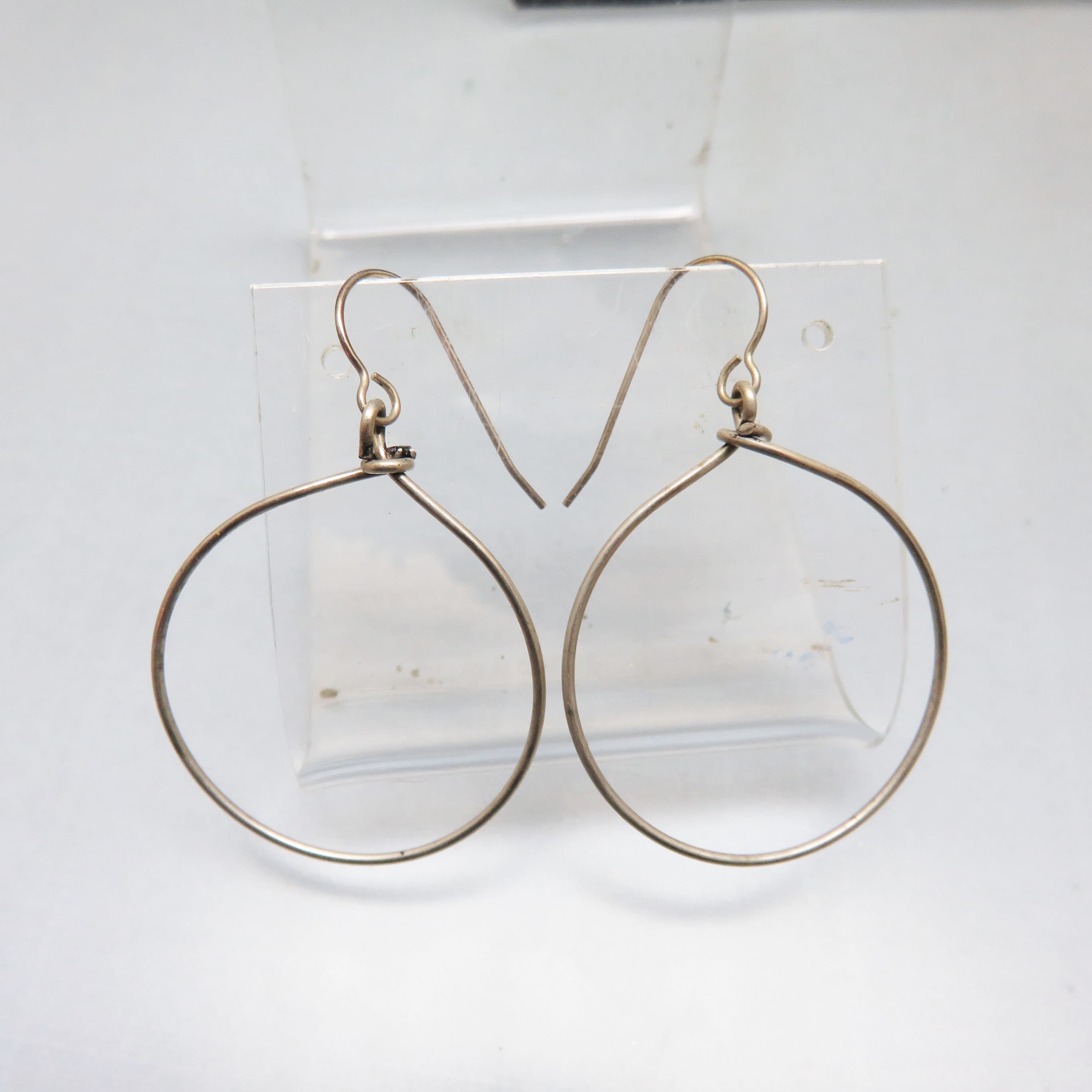 Dark Silvertone Circle Earrings – Large Wire Hoop French Hook Dangles – Minimalist Lightweight Statement Jewelry