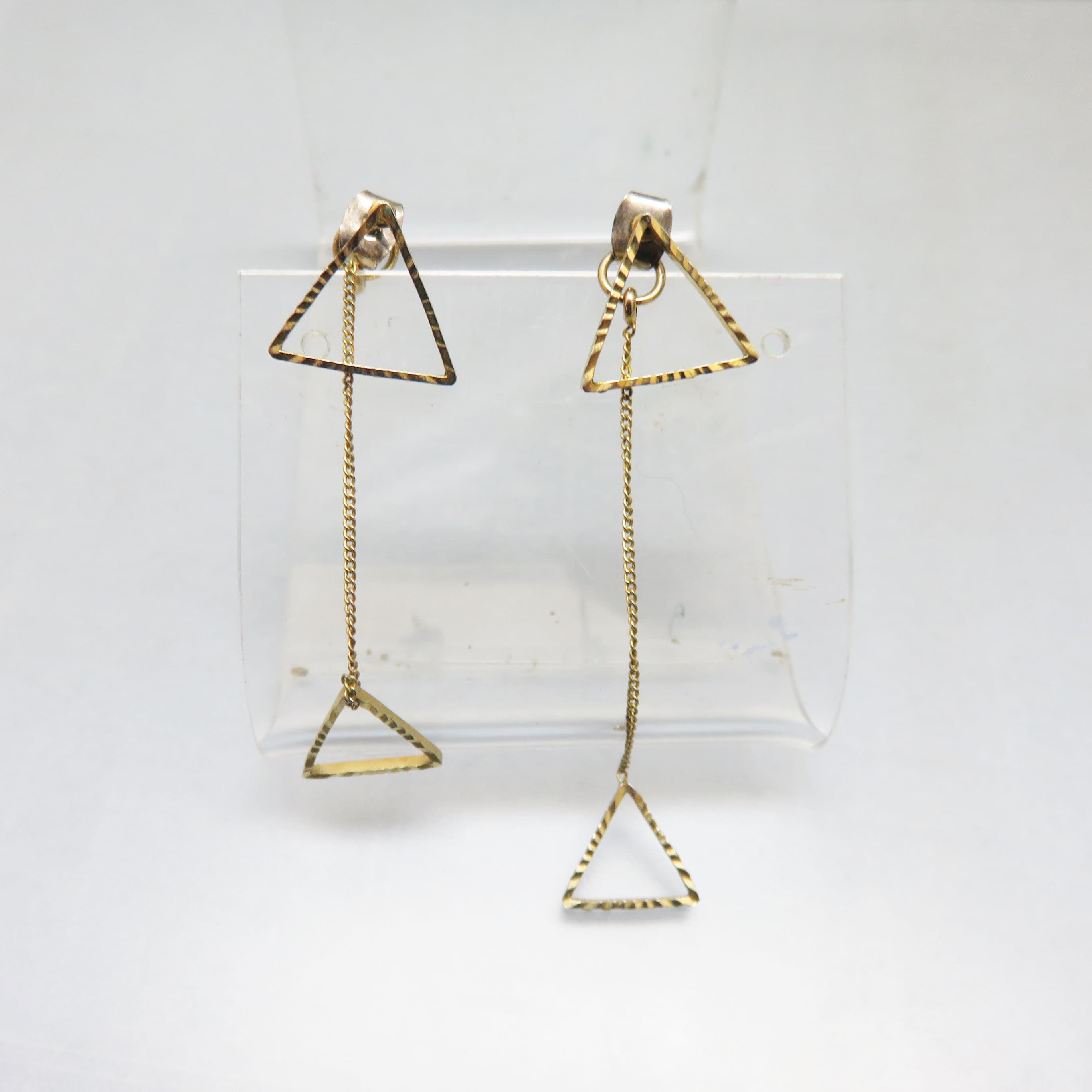 Asymmetrical Goldtone Triangle Earrings – Graduated Chain Back Ear Jackets – Geometric Post Dangles