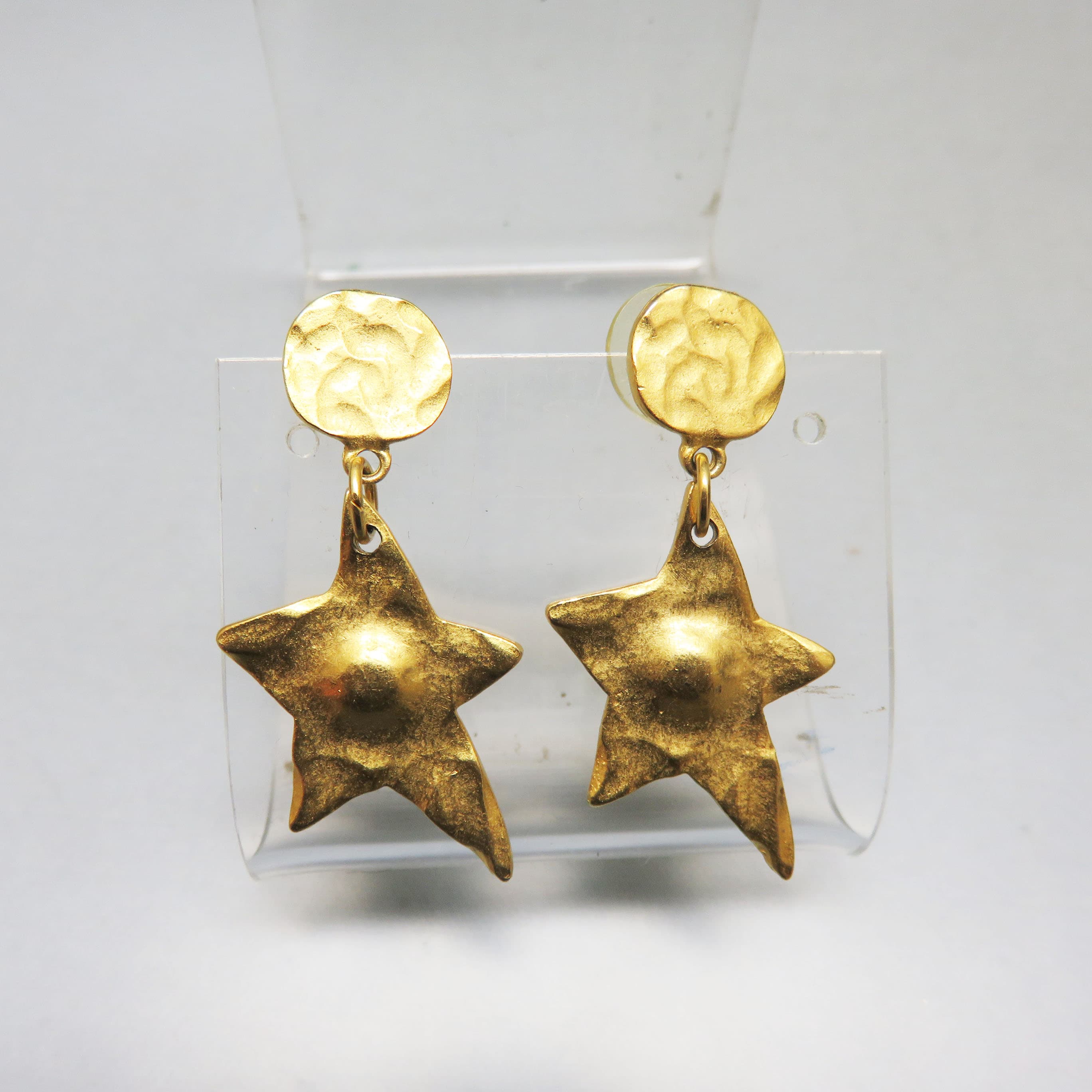 Textured Goldtone Star Earrings – Matte Hammered Celestial Post Dangles – Bold Puffed Statement Earrings