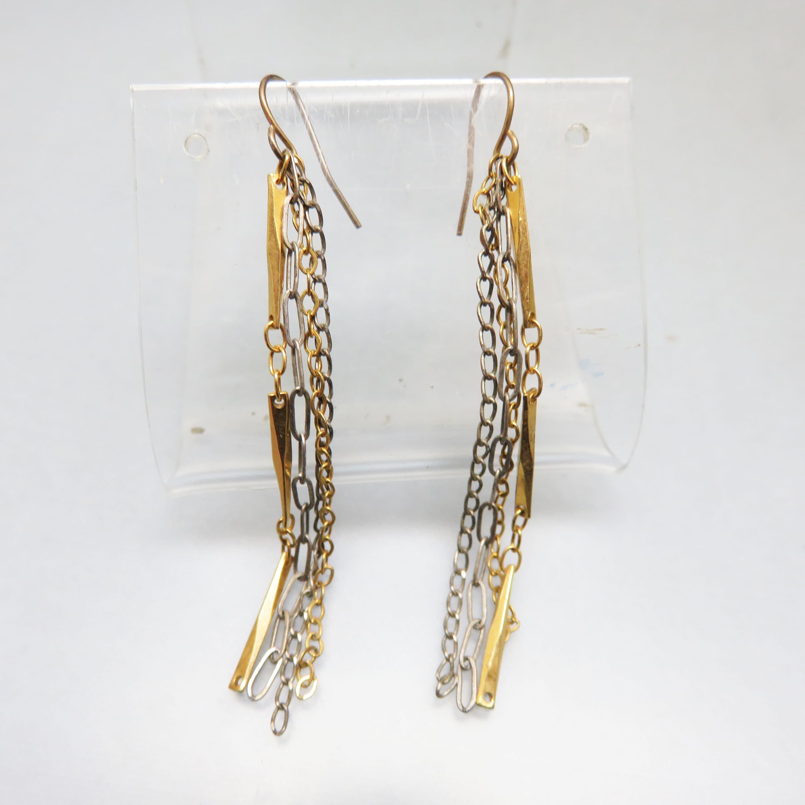 Mixed Link Chain Tassel Earrings – Long Goldtone French Hook Dangles – Industrial Four Strand Statement Earrings