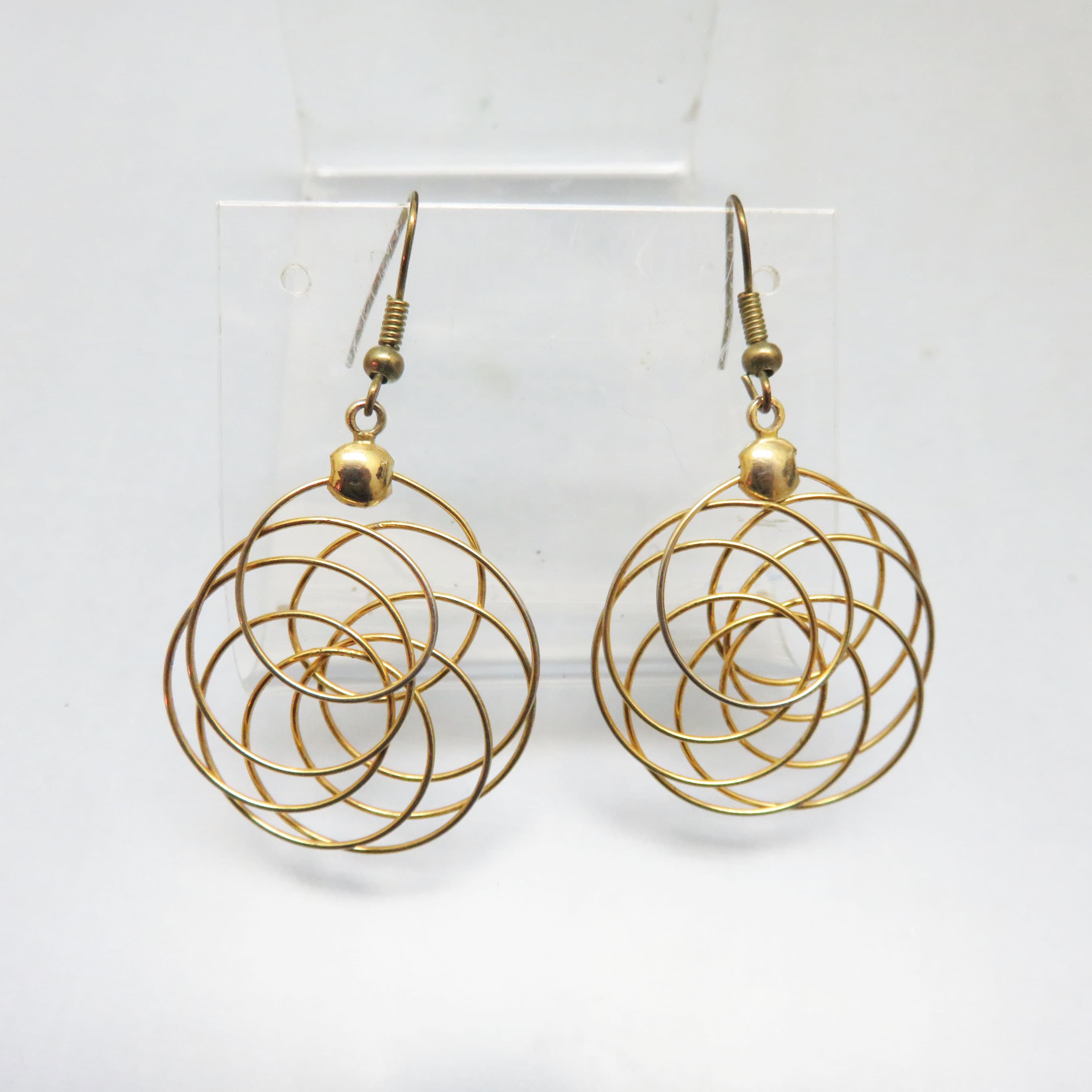 Goldtone Wire Orbit Earrings – Sculptural Interlocking Circle French Hook Dangles – Industrial Statement Jewelry