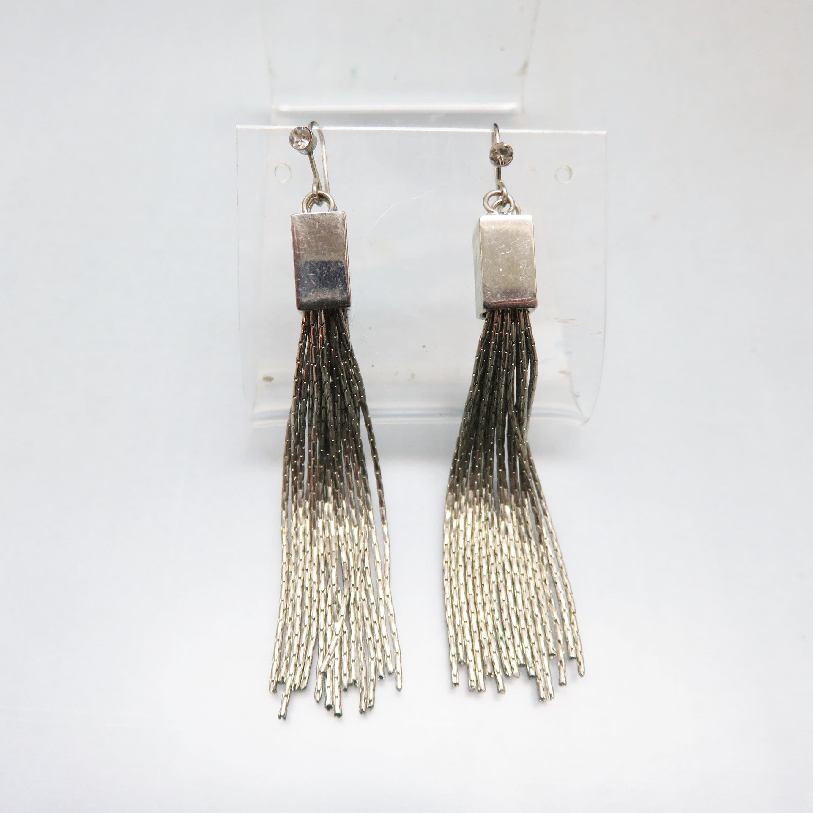 Dark Silvertone Chain Tassel Earrings – Extra Long Metal Fringe Dangles – Rhinestone French Hook Statement Earrings