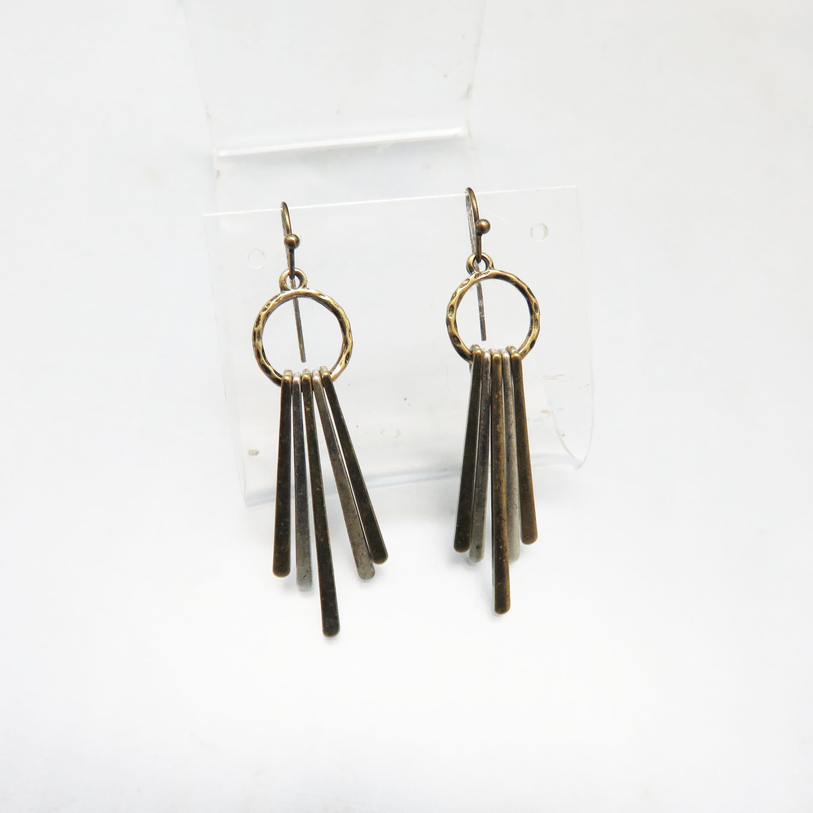 Antiqued Mixed Metal Bar Earrings – Gold and Silvertone Five Bar Fringe – Industrial French Hook Dangles
