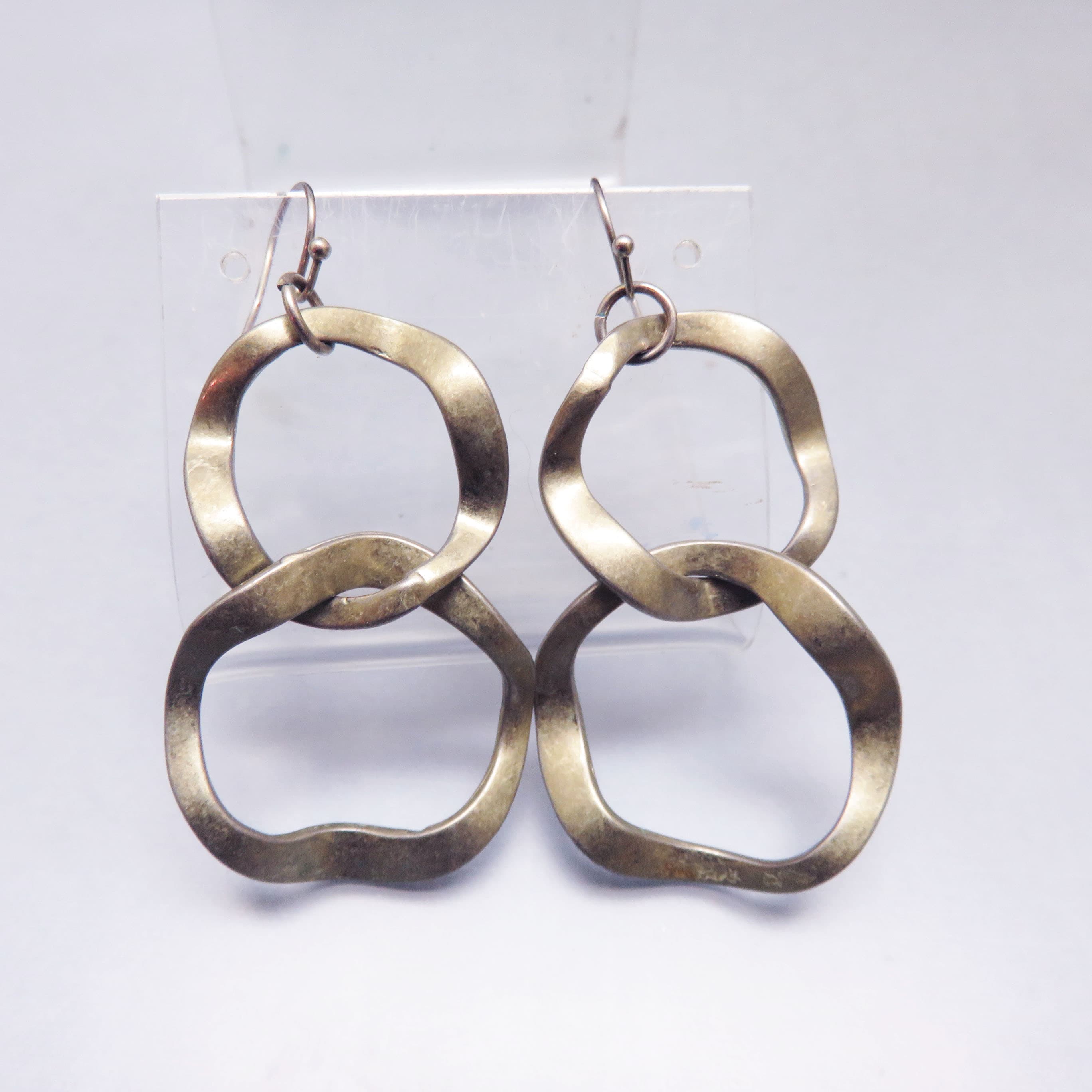 Pewter Tone Interlocking Link Earrings – Hammered Double Hoop French Hook Dangles – Modern Industrial Statement Jewelry