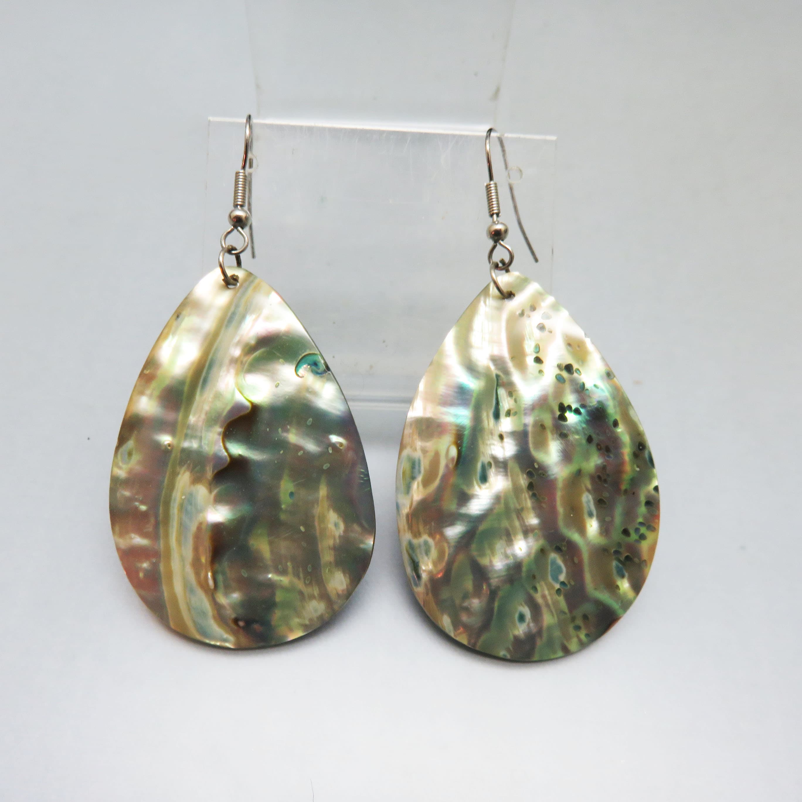 Large Abalone Shell Teardrop Earrings – Iridescent French Hook Dangles – Natural Coastal Statement Jewelry
