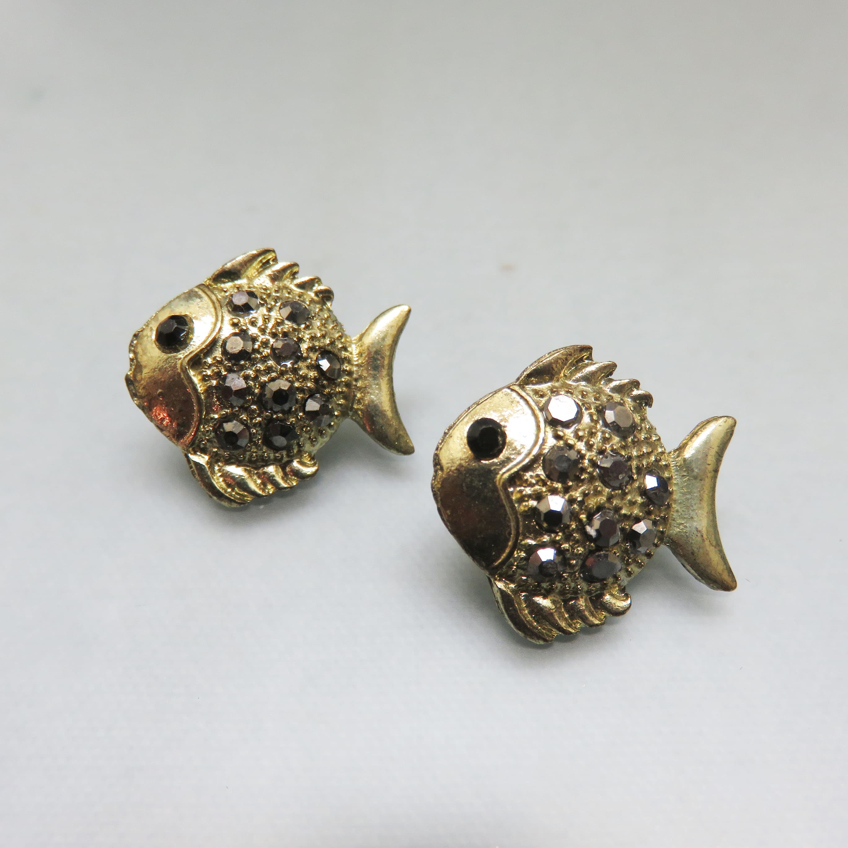 Vintage Goldtone Rhinestone Fish Earrings – Sparkling Tropical Fish Post Earrings – Coastal Statement Jewelry